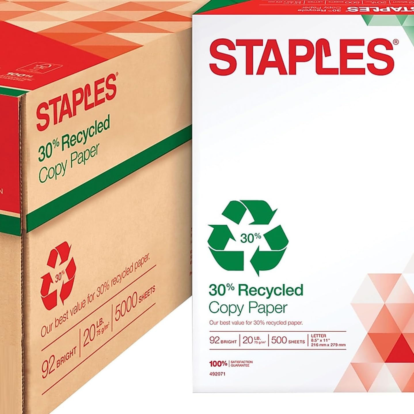 Staples 30% Recycled Copy Paper, 8 1/2" x 11", Case, For Office, School & Home