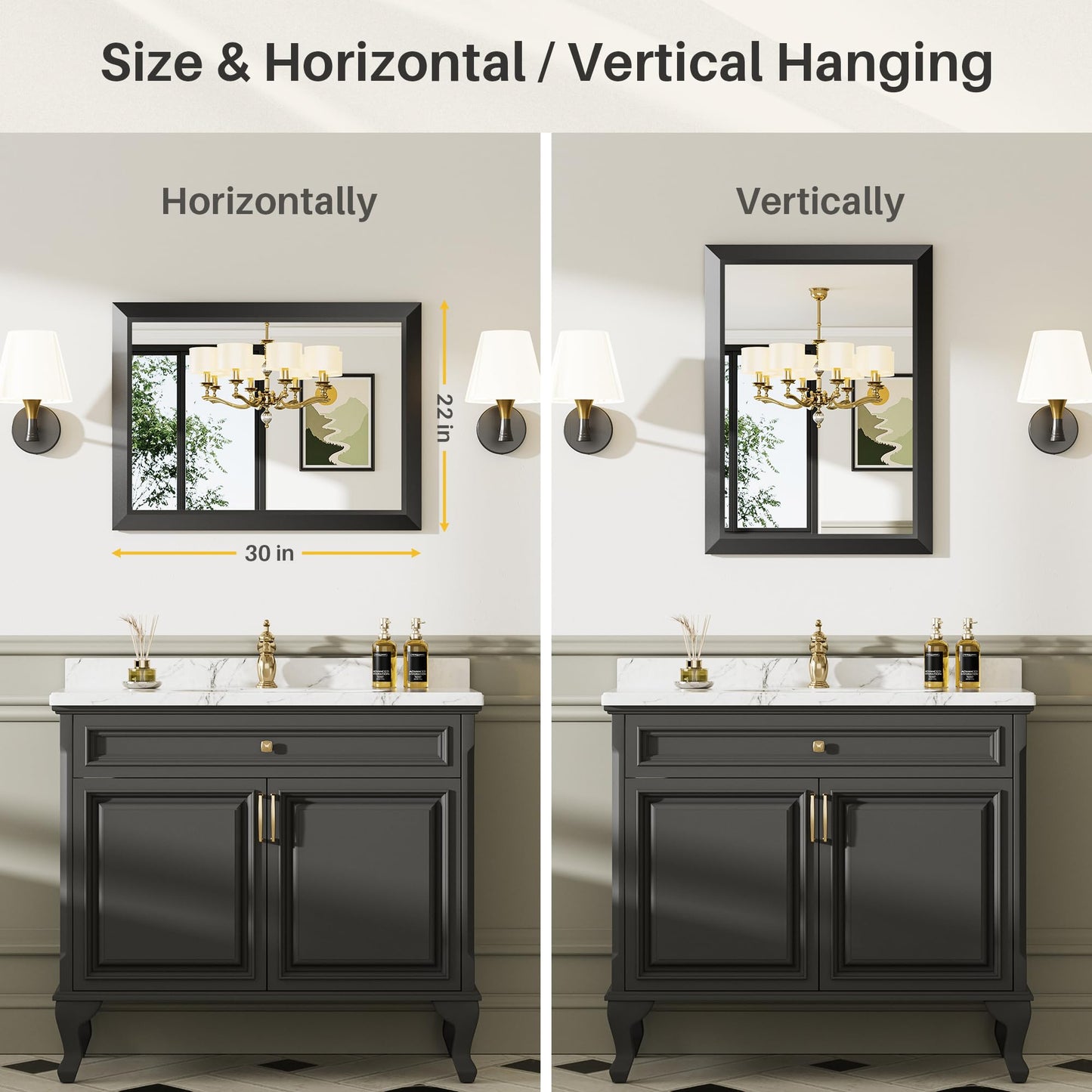 Briivue 22x30 Inch Black Bathroom Mirror for Wall, Thick Metal Framed Rectangle Mirrors for Over Sink, Bedroom, Living Room, Entryway, Anti-Rust, HD Tempered Glass