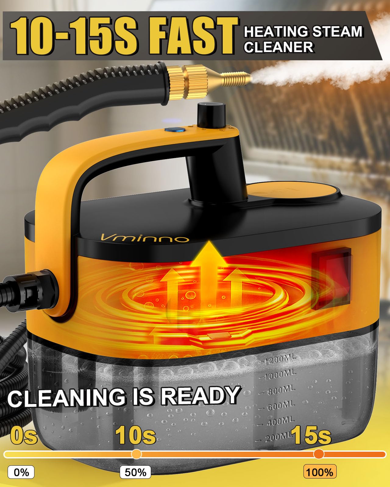 Heavy Duty Steam Cleaner for Home, Fast Heating & 1.2L Tank Handheld Steam Cleaner, 6-Level Adjustable Pressurized Steamer for Cleaning with 11 Accessories for Car, Grout, Tile, Floor and More(Yellow)