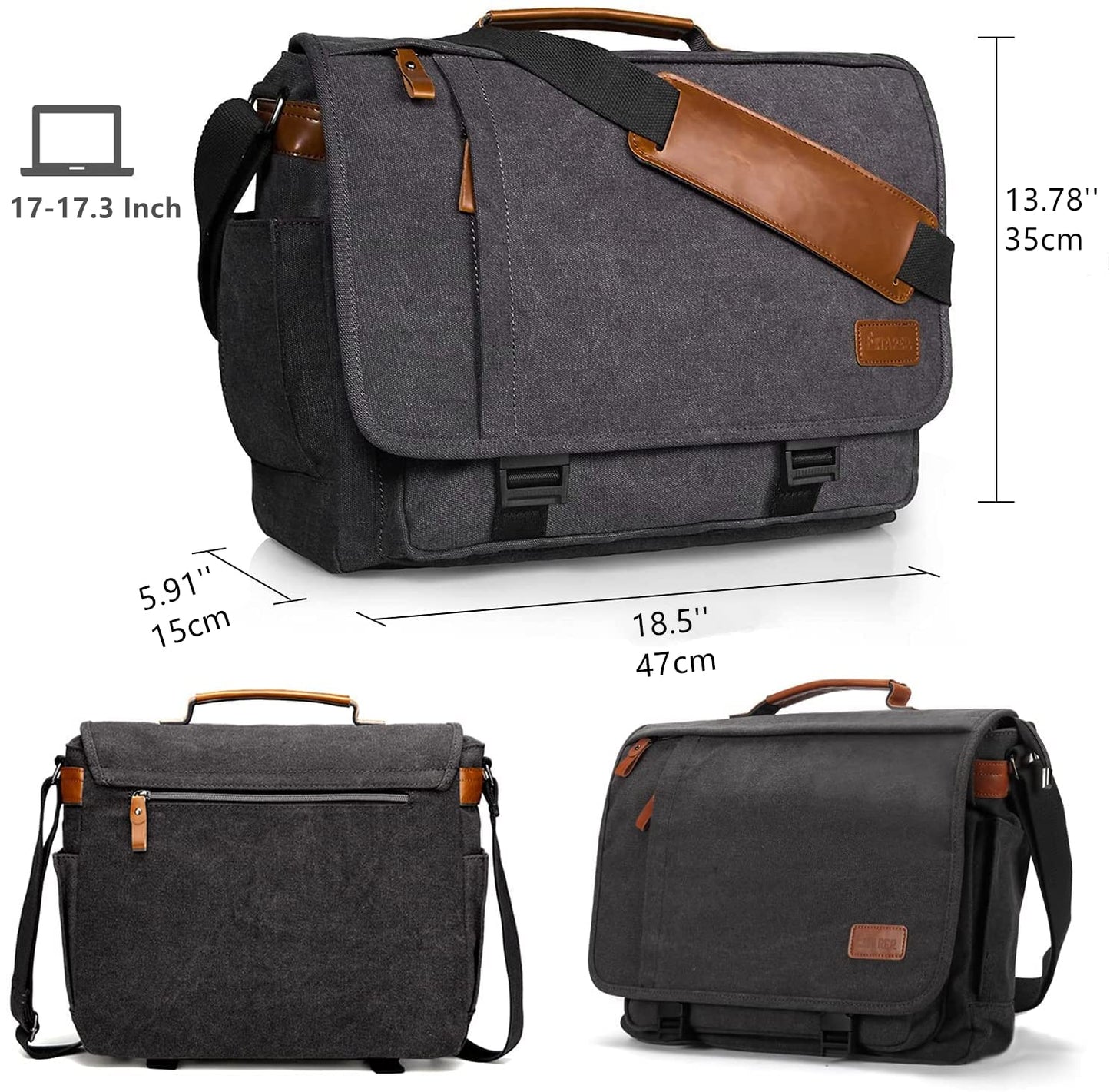 ESTARER Messenger Bag for Men 17-17.3 Inch Laptop Bag Water-resistant Canvas Computer Shoulder Bag Briefcase for Work College Travel, Grey