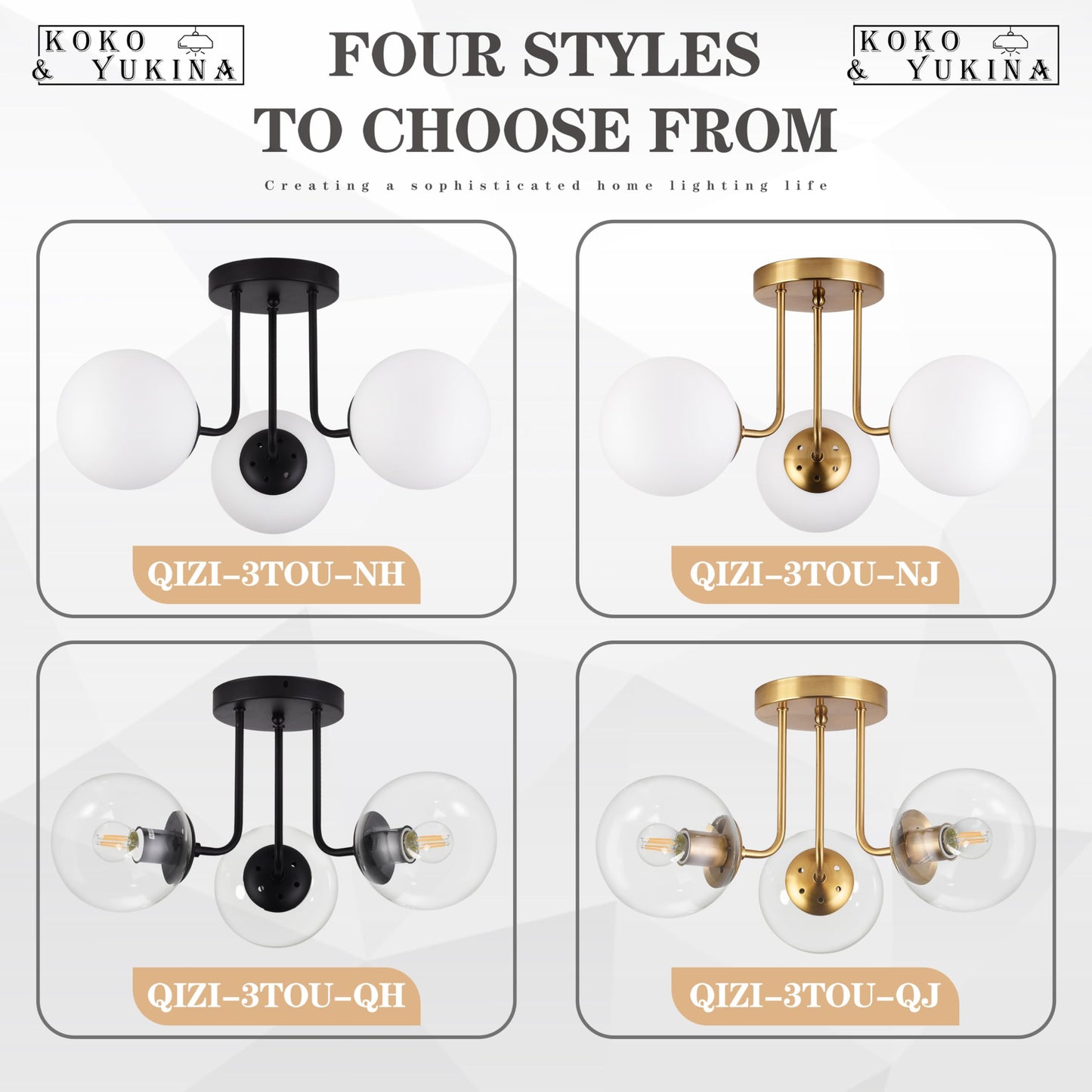 KoKo&Yukina 3-Light Semi Flush Mount Ceiling Light Globe Ceiling Light Mid Century Ceiling Light with Opal Milk Glass Globe & Brushed Brass for Bedroom Hallway Entryway Kitchen Living Room-Bulb Incl