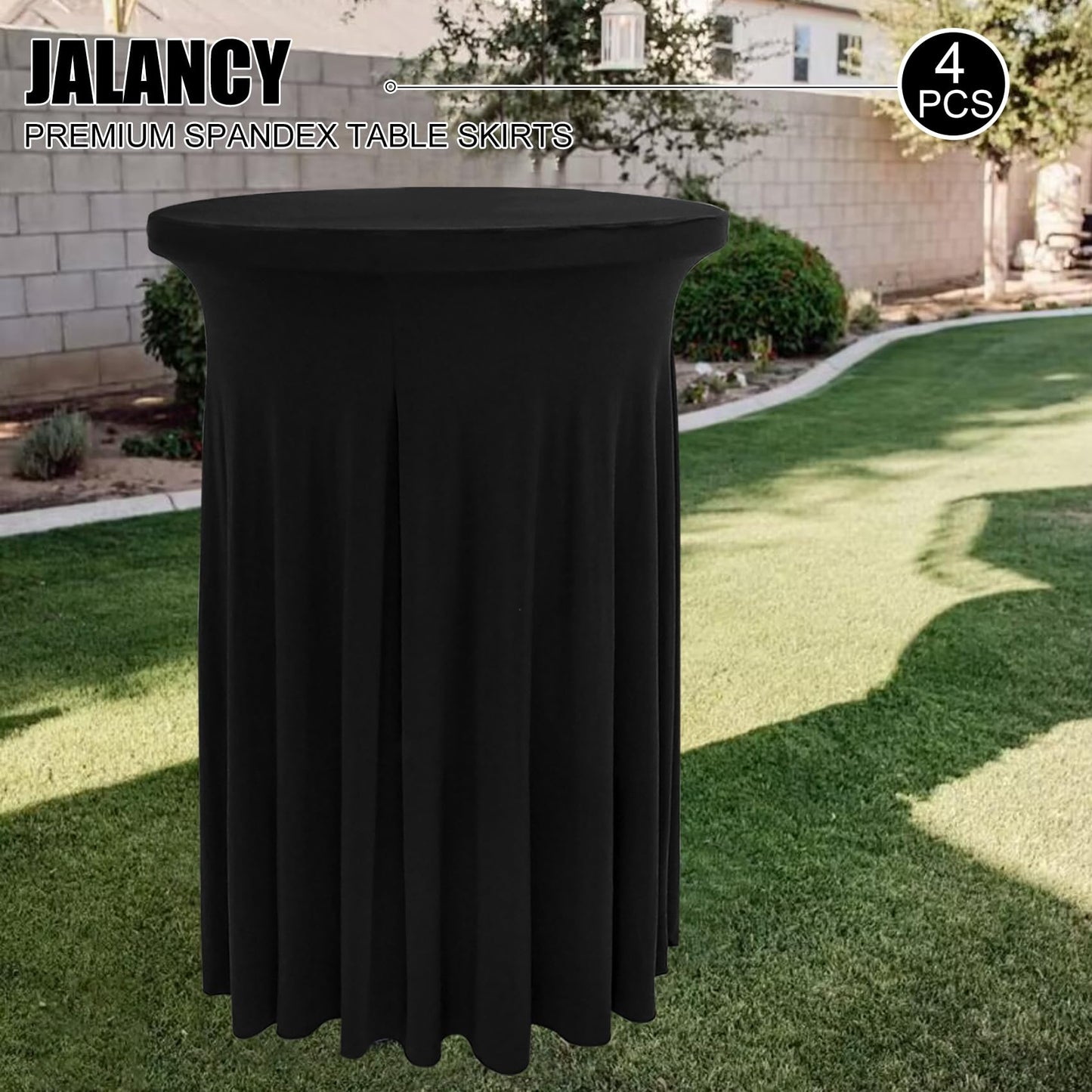 JALANCY 4 Packs 32 x 43 Inch Spandex Round Cocktail Table Skirts with Wavy Drapes Stretch Cocktail Tablecloth Fitted High Top Tables for Wedding Bar Party Banquet (Black)