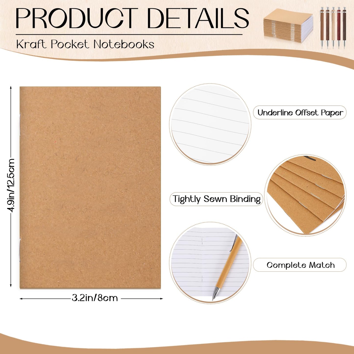 Kisston 50 Sets Mini Pocket Notebook with Pens Bulk Back to School Gifts Small Notepad 3x5 with Bamboo Pens Customized Promotion Prize for School Students Office(Retro Colors)