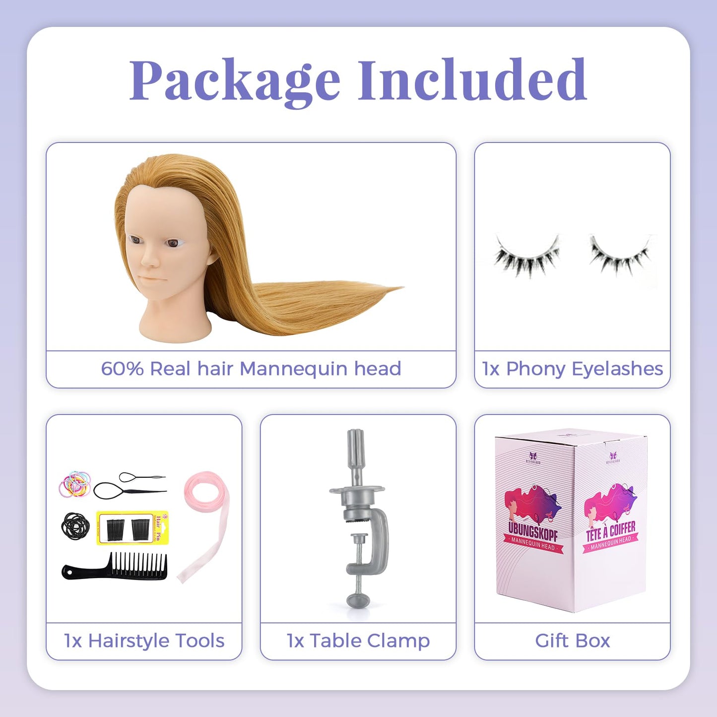 Neverland Beauty Mannequin Head with 60% Real Human Hair, 26 Inch Makeup Cosmetology Mannequin Doll Head for Hair Styling, Training Practice Braiding Manikin Head with False Eyelashes Hair Styling Set