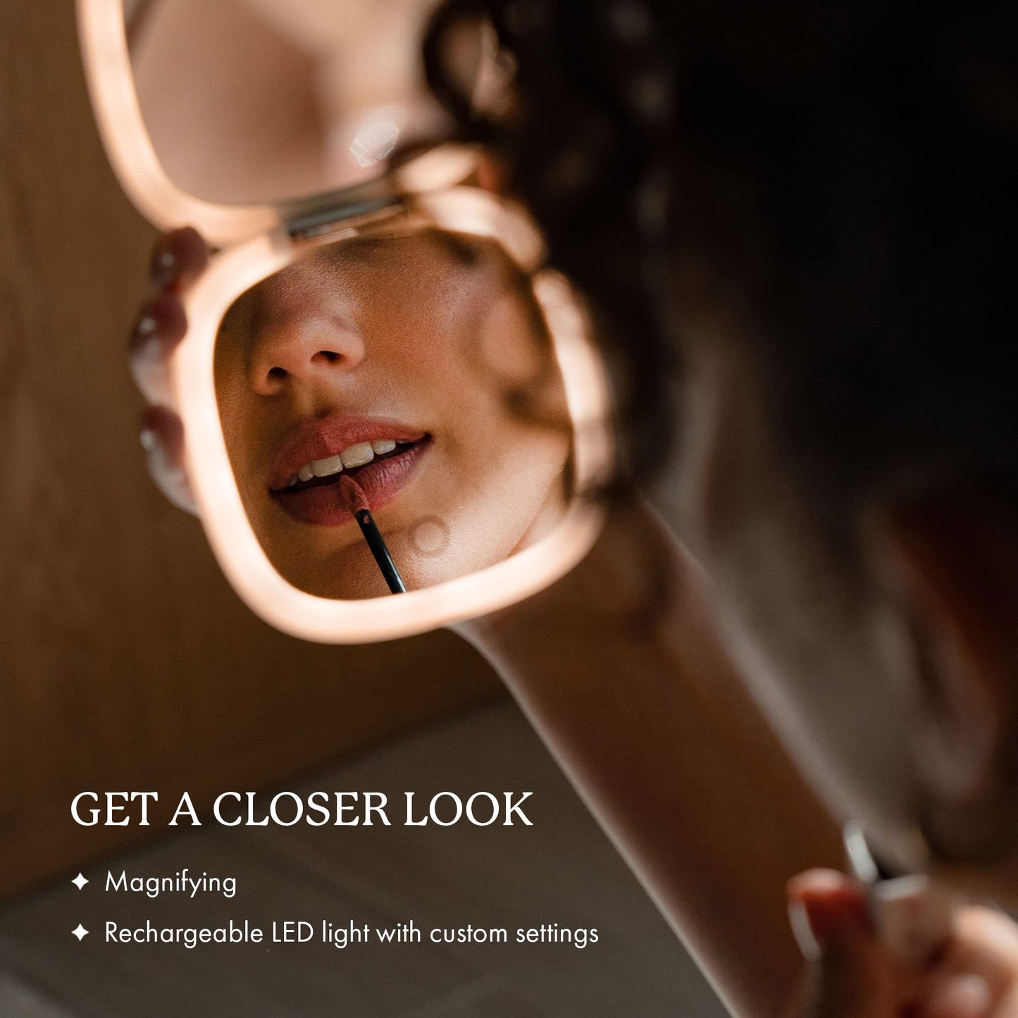 Vanity Planet Pocket Makeup Mirror with Lights & Magnification, Moda - Mini Light-Up Compact & Travel Makeup Mirror - Portable, Adjustable & Rechargeable LED Magnifying Mirror for On-The-Go - Nude