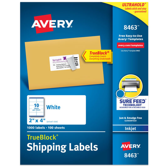 Avery Printable Shipping Labels, Sure Feed Technology, 2" x 4" Customizable Stickers, White, 1,000 Blank Mailing Labels, Great for Mailing, Shipping, and More (8463)