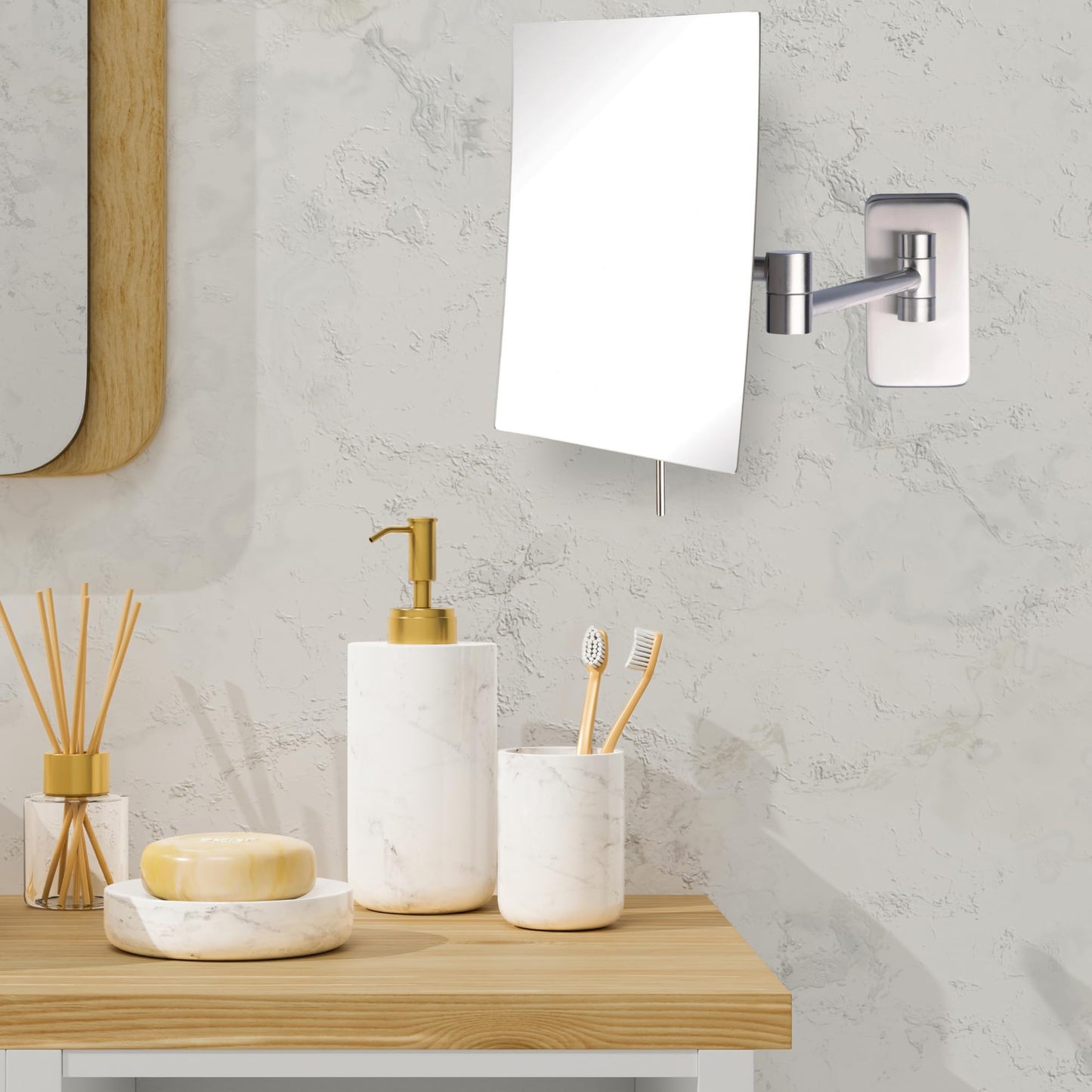 JERDON 8.75-Inch x 6.5-Inch Wall Mount Makeup Mirror - Personal Mirror with 5X Magnification & 14 inch Wall Extension - Nickel Wall Mount Arm - Model JRT695N