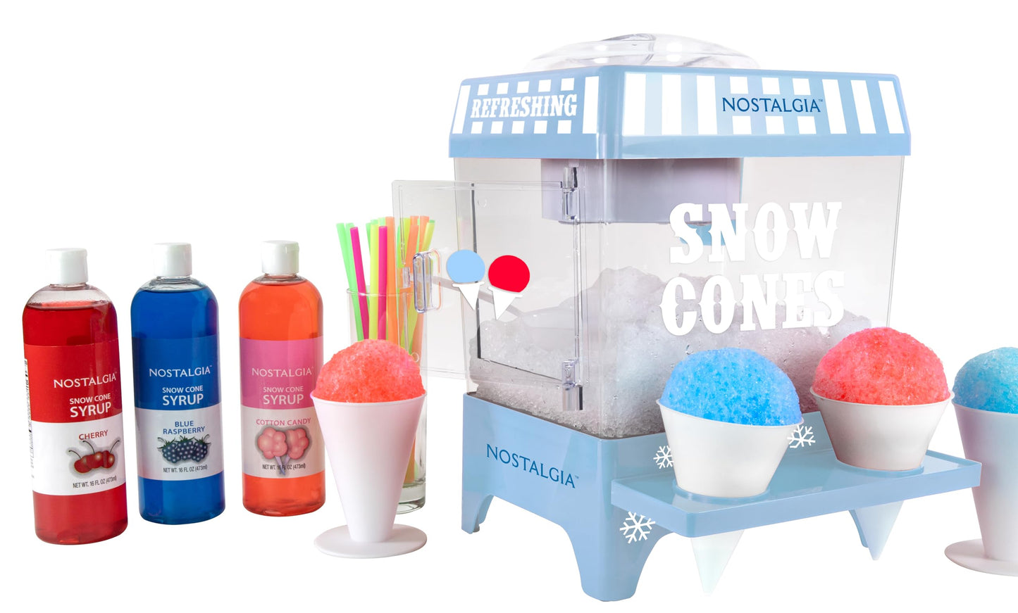 Nostalgia Snow Cone Machine – Retro Table-Top 8 Oz Snow Cone Maker Makes 20 ICY Treats– Countertop Slushie Machine Includes 2 Reusable Plastic Cups & Ice Scoop-Vintage Blue
