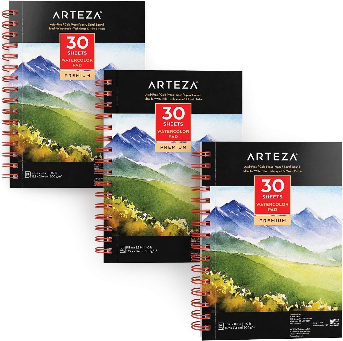 ARTEZA Watercolor Pad, Pack of 3, 5.5x8.5", 90 Sheets, 140lb/300gsm, Cold Press, Acid-Free, Art Supplies for Watercolor Techniques and Mixed Media