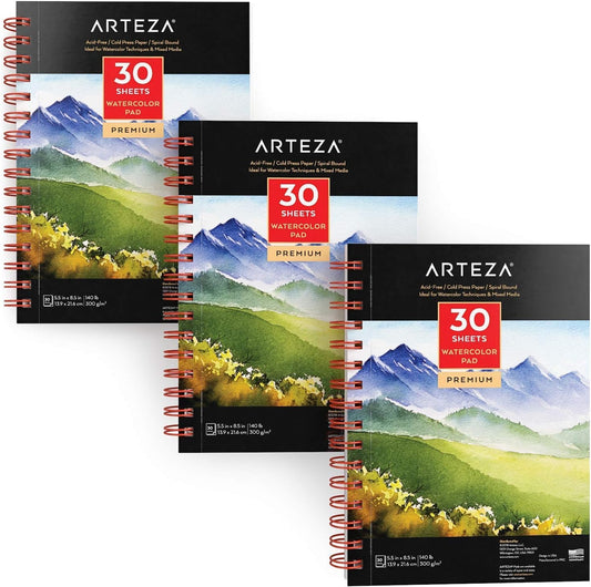 ARTEZA Watercolor Pad, Pack of 3, 5.5x8.5", 90 Sheets, 140lb/300gsm, Cold Press, Acid-Free, Art Supplies for Watercolor Techniques and Mixed Media