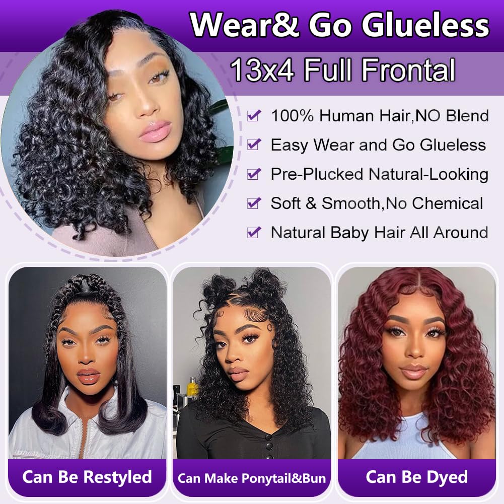 Sungirl Bob Wig Human Hair 13x4 Deep Wave Curly Lace Front Wigs Human Hair For Women Short Bob Human Hair Wig Pre Plucked with Baby Hair Glueless Hair Curly Wigs Nature Hairline 180% Density 14 Inch