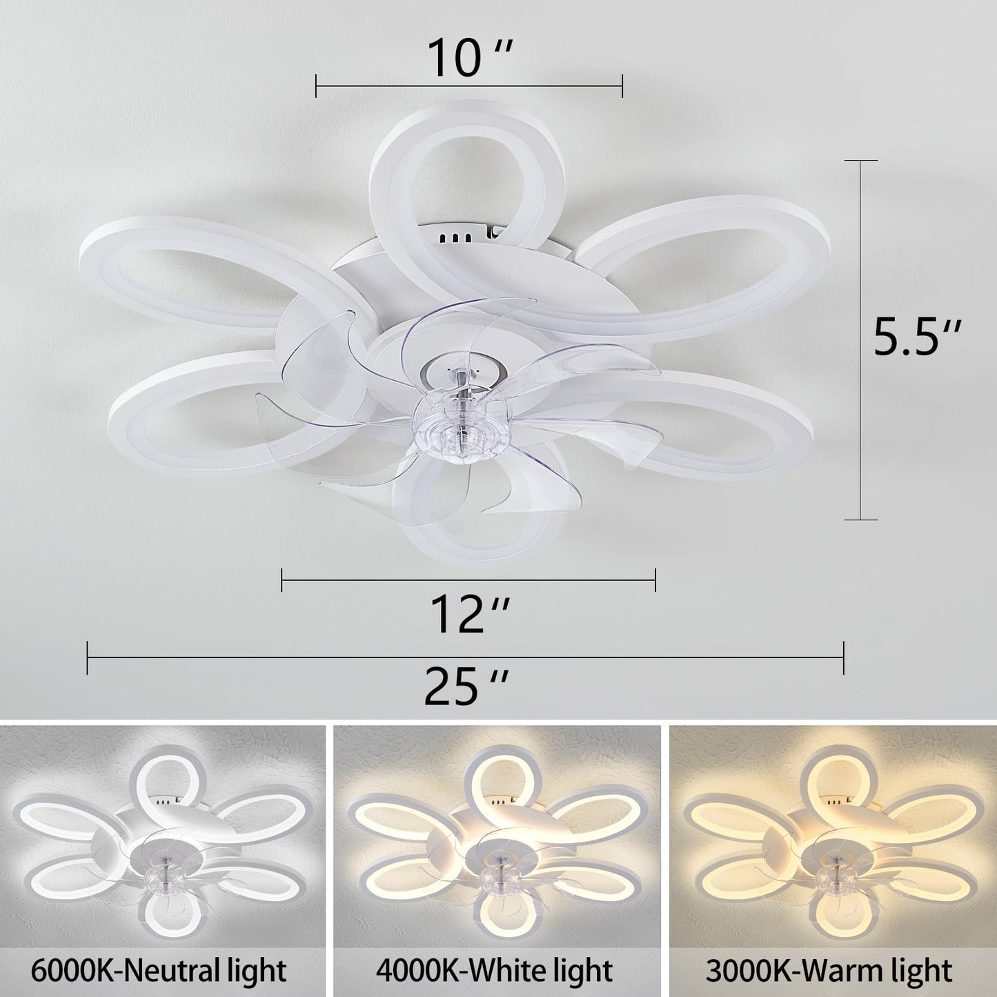 Ceiling Fans with Lights and Remote, 25 Inch Modern Low Profile Flush Mount Ceiling Fan, Dimmable LED Ceiling Light Fixture, Small Ceiling Fans for Bedroom, Kitchen, Indoor-White