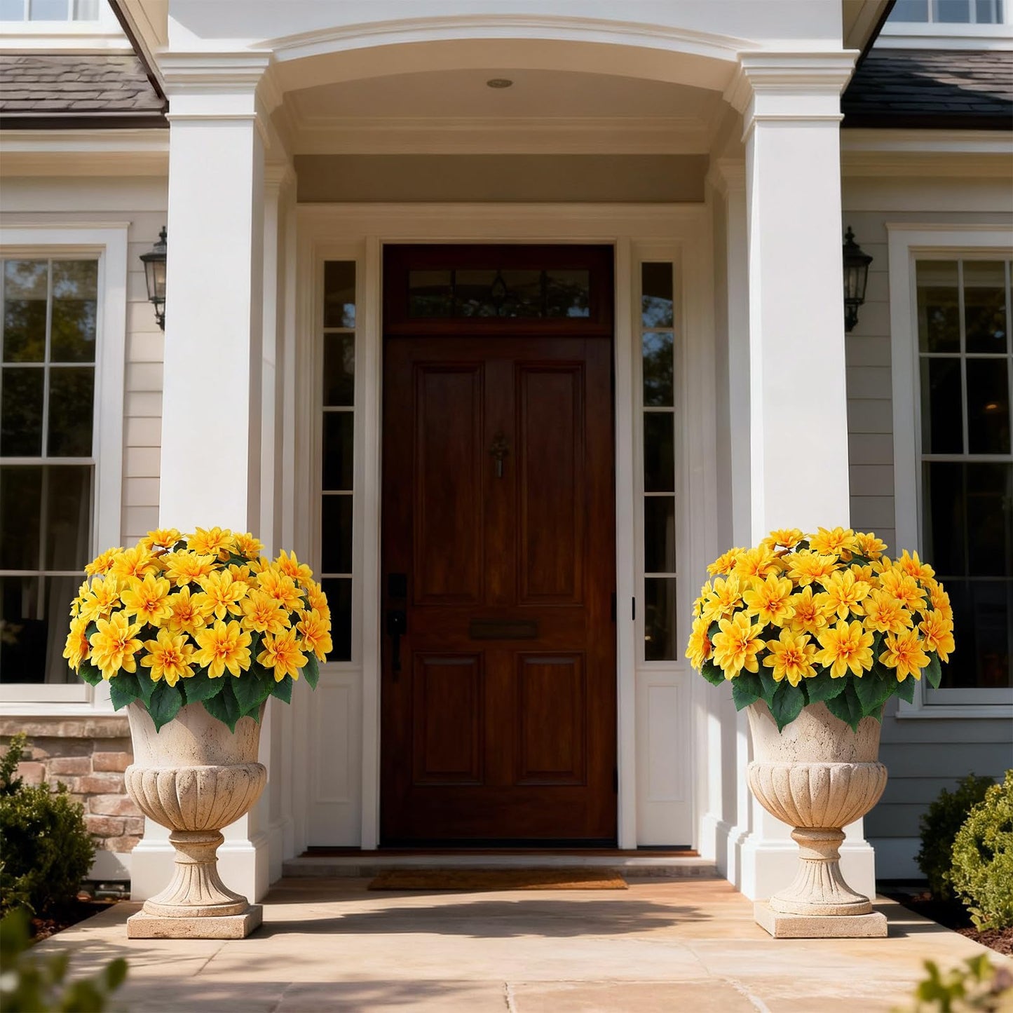 2 Set of Artificial Dahlia Topiary Ball Trees - Fake Silk Dahlia Flower Bushes, UV Resistant Faux Floral Shrub Potted for Front Door Porch Farmhouse Wedding Outdoor Decor (Yellow)