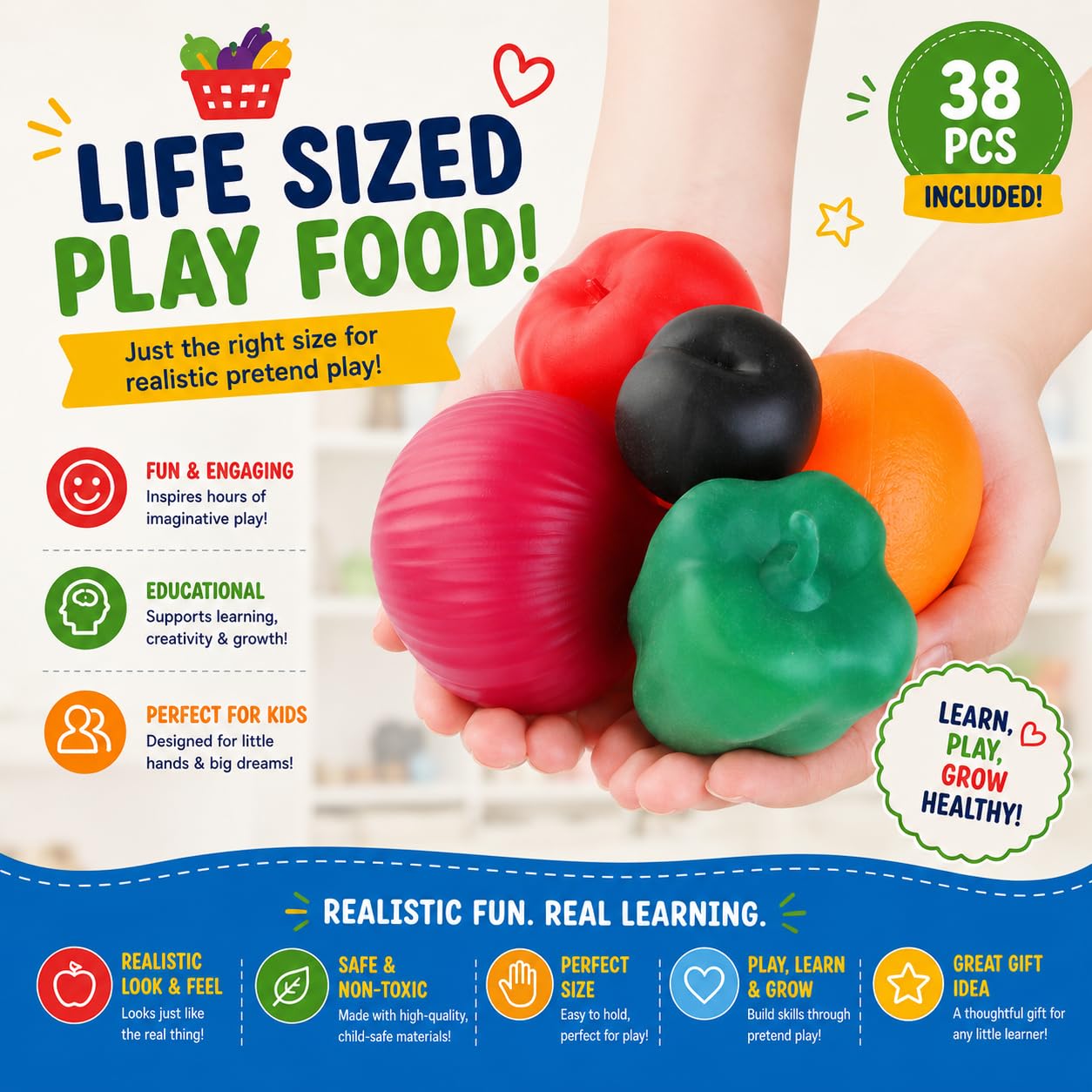 Liberty Imports Fruits and Vegetables Shopping Basket Grocery Play Food Set for Kids-38 Pieces