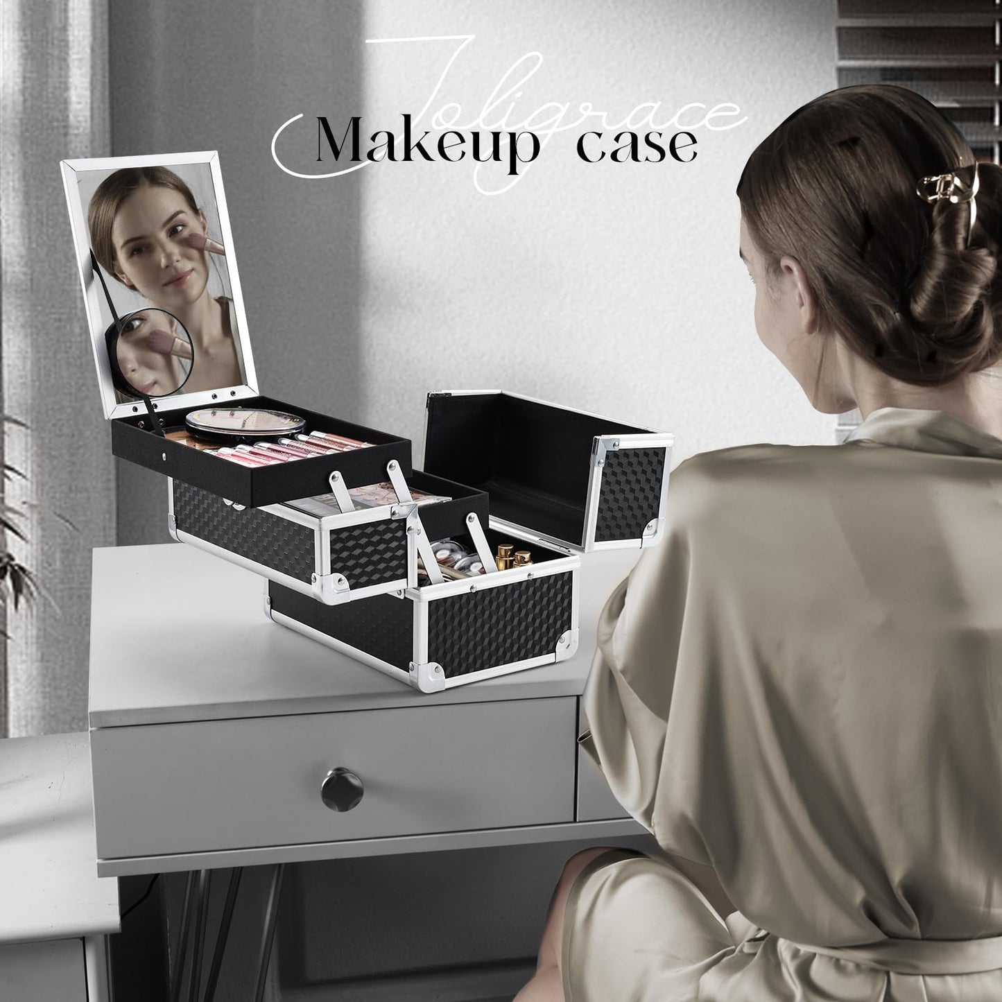 Joligrace Makeup Box Cosmetic Train Case Jewelry Organizer Box - 2 Trays Key Lock Portable Carrying with Mirror Travel Storage Modern Style Black