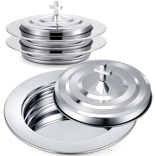 Zhehao 2 Plates Silver Communion Set, Holy Trays with Lid, Stainless Steel Bread Tray Plates for Churches, Holy Communion Tray with Cover, Polished Church Supplies Ware Sets
