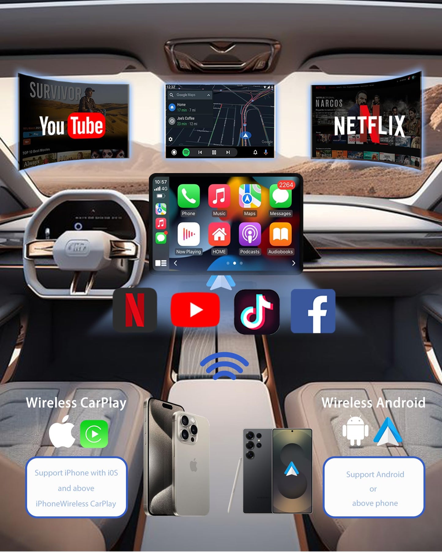 GZPYC Wireless CarPlay Adapter AI Box for iPhone & Android Auto – YouTube & Netflix Support, TF Card Offline Playback, Plug and Play, Wired to Wireless Conversion, Stable 5.8GHz WiFi & Bluetooth 5.3
