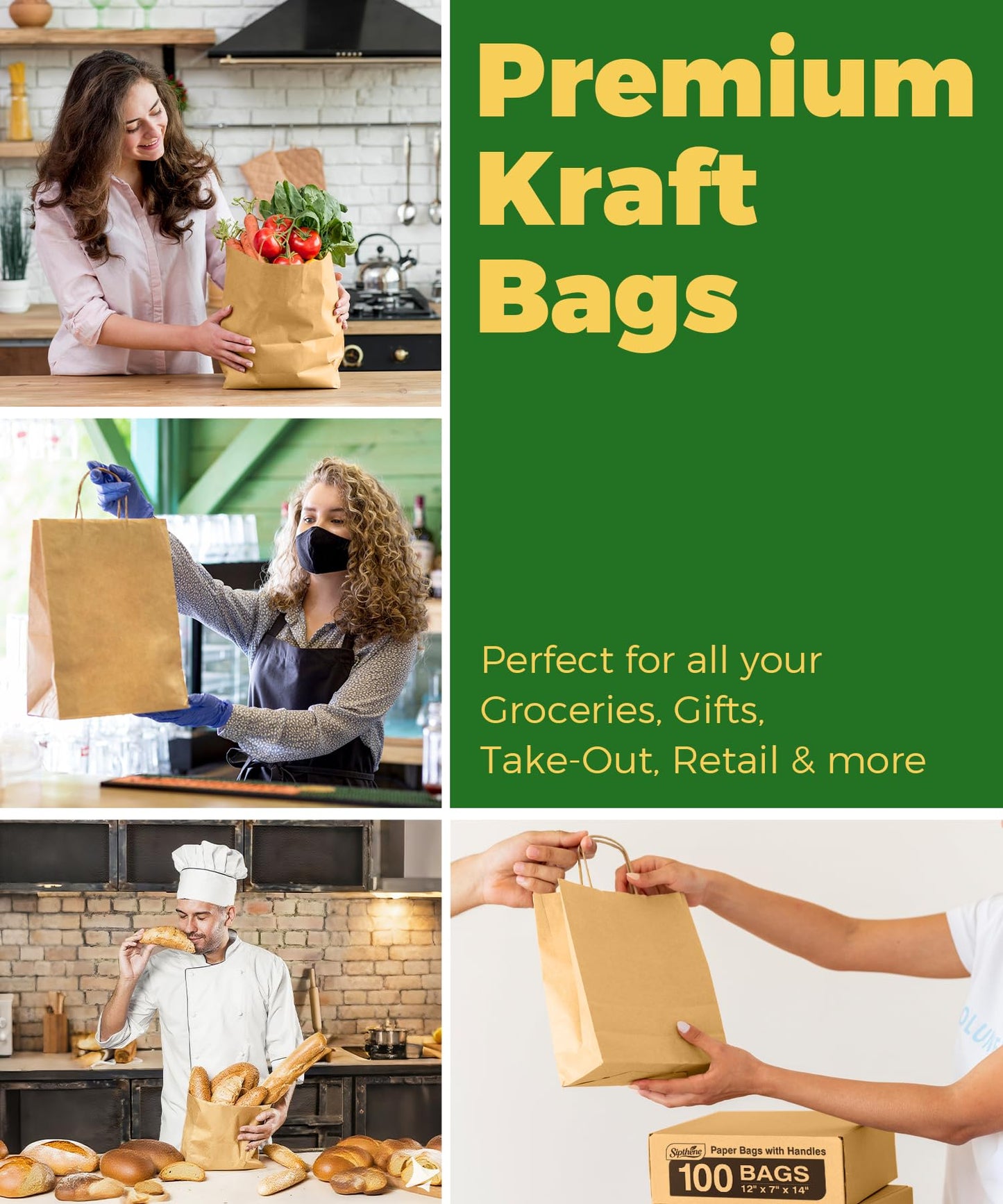 Sipthene Paper Grocery Bags with Handles (100 Pcs Bulk) 12x7x14 Inches, Large Brown Paper Bags 57 Lbs Basis - Heavy Duty Kraft Paper Sacks for Shopping, Retail, Takeout, To Go