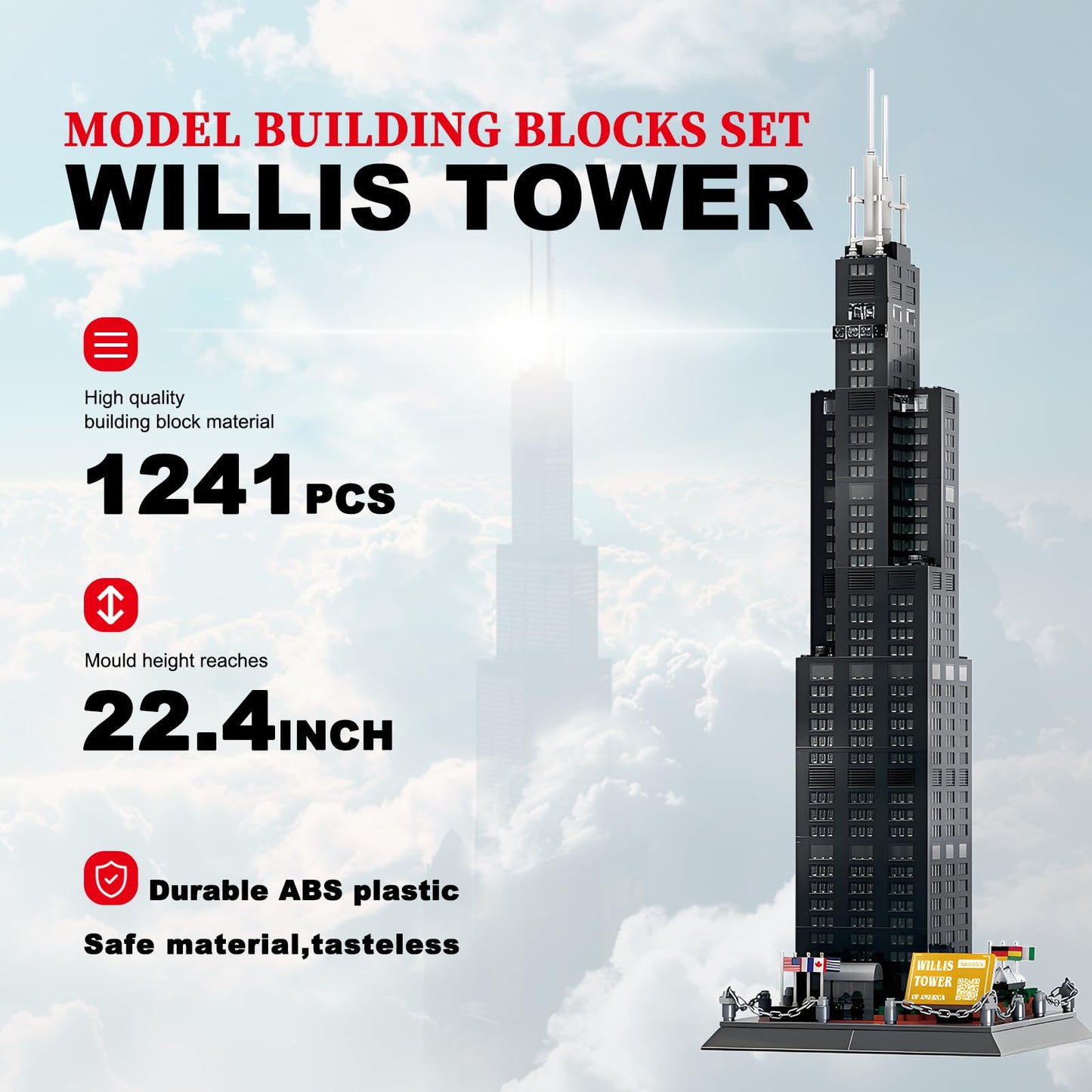 LQPFBSM Willis Tower Chicago Architecture Model Building Block Sets,World Famous Landmark Series Toys Gitf for Kids Adults 1241 Pieces