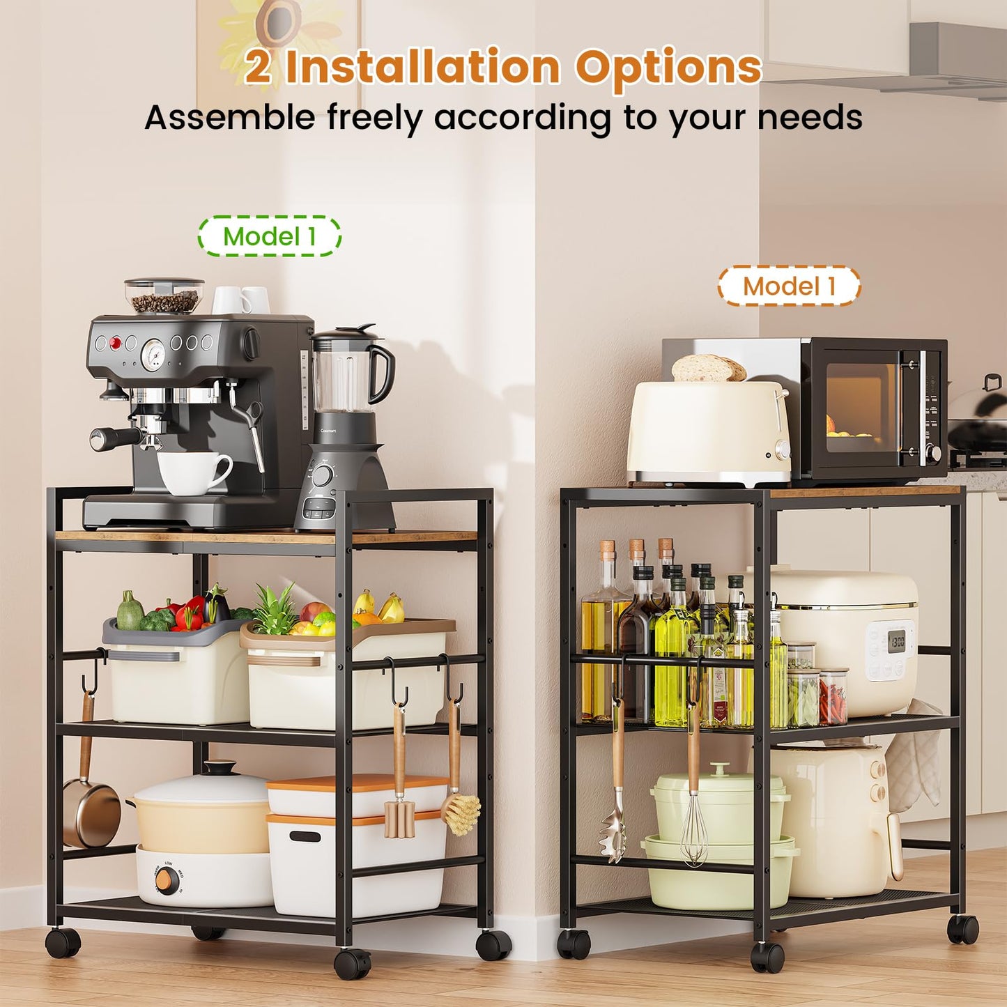 Rolling Kitchen Microwave Cart, 3-Tier Microwave Stand with Adjustable Shelf, Kitchen Storage Cart on Lockable Wheels, Coffee Bar Cart Shelf Rack Organizer for Kitchen, Living Room, Office, Balcony