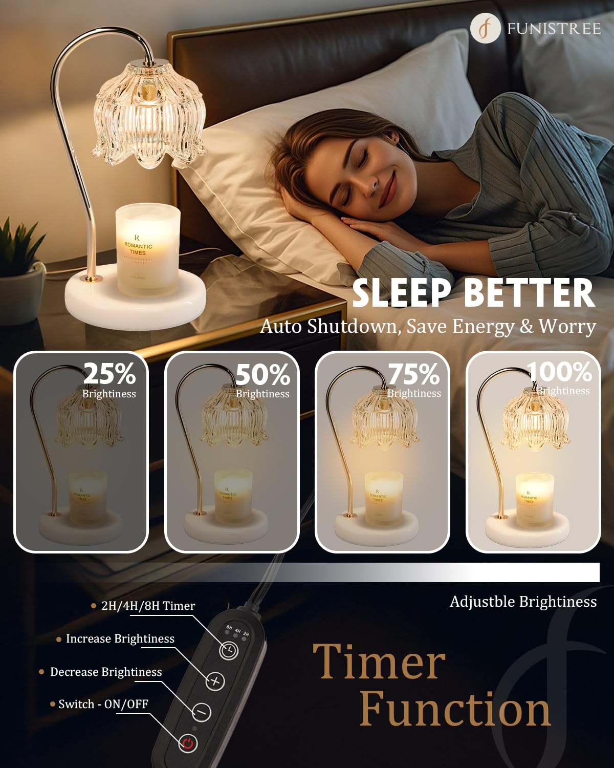 Funistree Candle Warmer Lamp with Timer & Dimmable, Candle Warming Lamp, Mothers Day Birthday Gifts for Women Mom, House Warming Gifts New Home Marble Base Wax Melt Warmer for Jar Candles