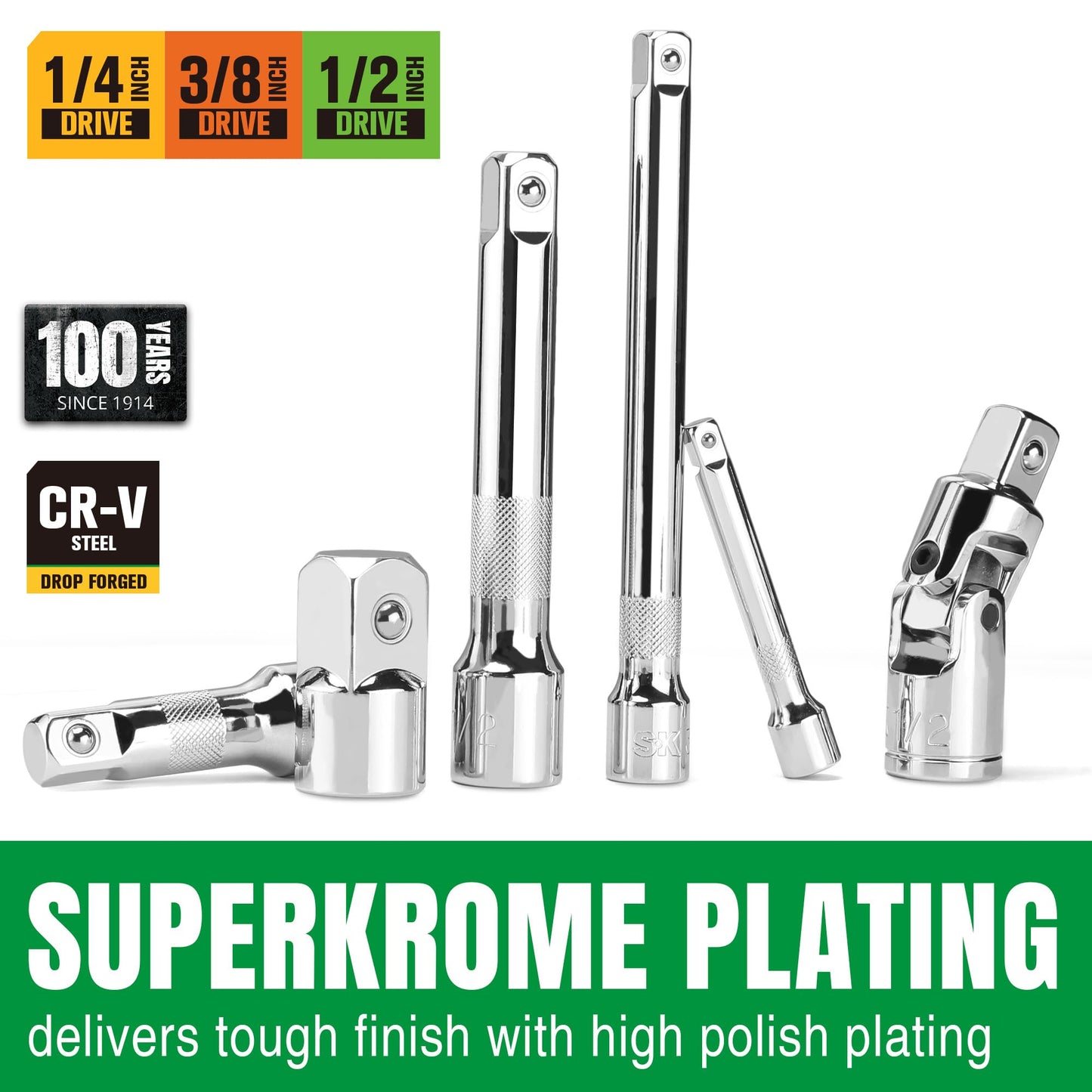 SK 20 Piece Socket Extension Set, 1/4", 3/8" and 1/2" Drive Extension Bar, Swivel Universal Joints and Adapters, SuperKrome Finish, Premium CR-V Construction