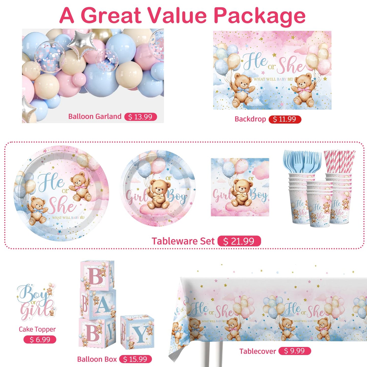 cocomigo 232pcs Bear Gender Reveal Decorations Complete Party Set, Serves 20 Guests, He or She Baby Gender Reveal Decorations, Boy or Girl Revelacion de Sexo de Bebe