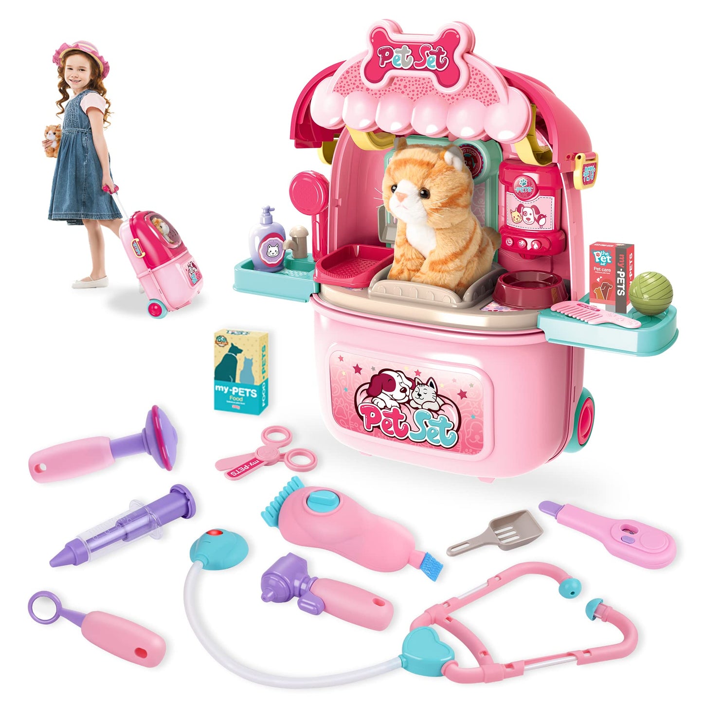 MAGIC4U Pet Cat Care Carrier Suitcase Toy, 29PCS Vet Clinic and Doctor Kit for Kids, Pet Kitty Grooming Feeding Toys, Veterinarian Pretend Play Set, Gifts for Boys and Girls Ages 3-12