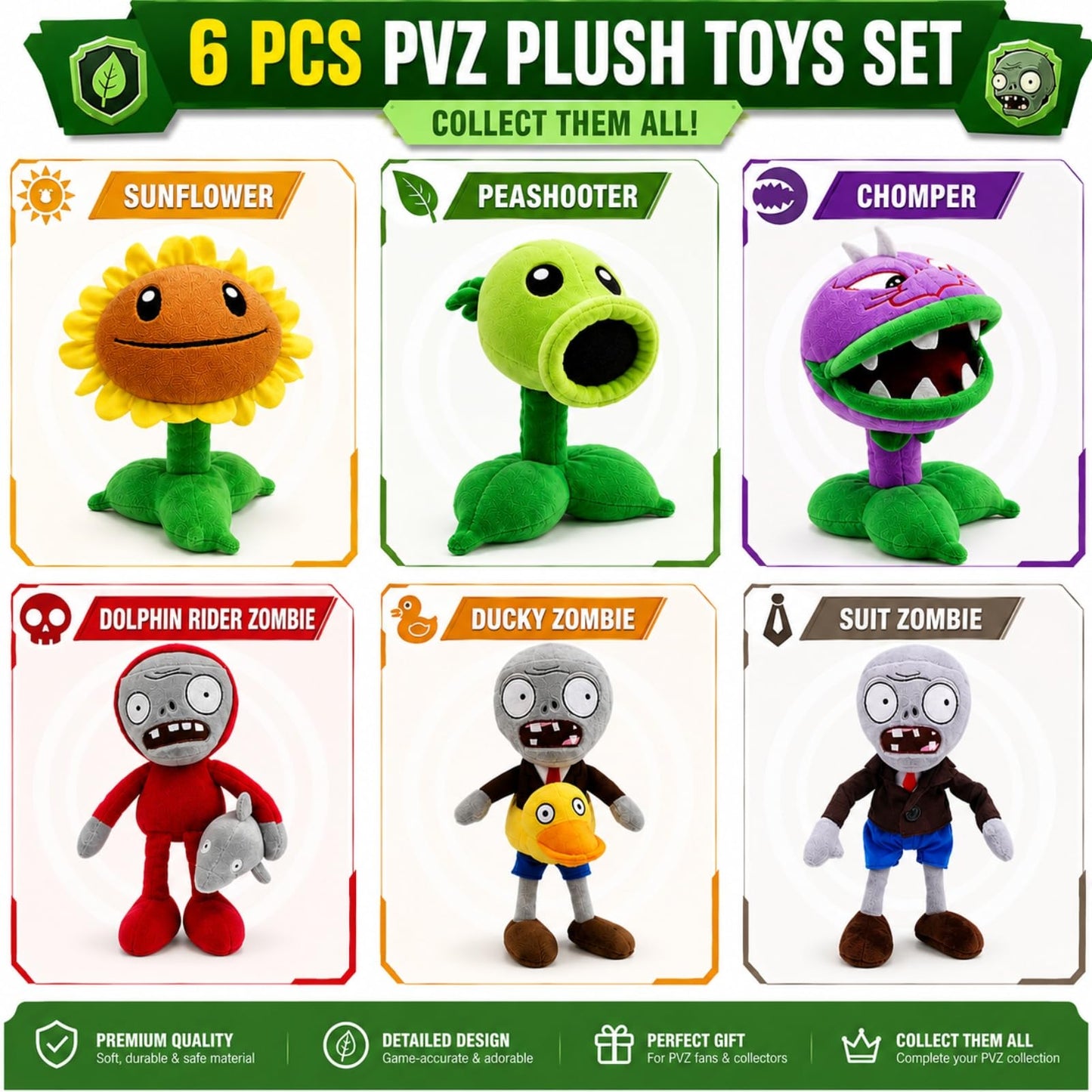 6Pcs Plants vs Zombies Plush Toys Zombie Sets,Ducky Newspaper Dolphin Zombie,Sunflower Chomper Peashooter Plant Soft Plants vs Zombies Toys PVZ Plush 1 2 for Birthday,Party,Halloween & Christmas