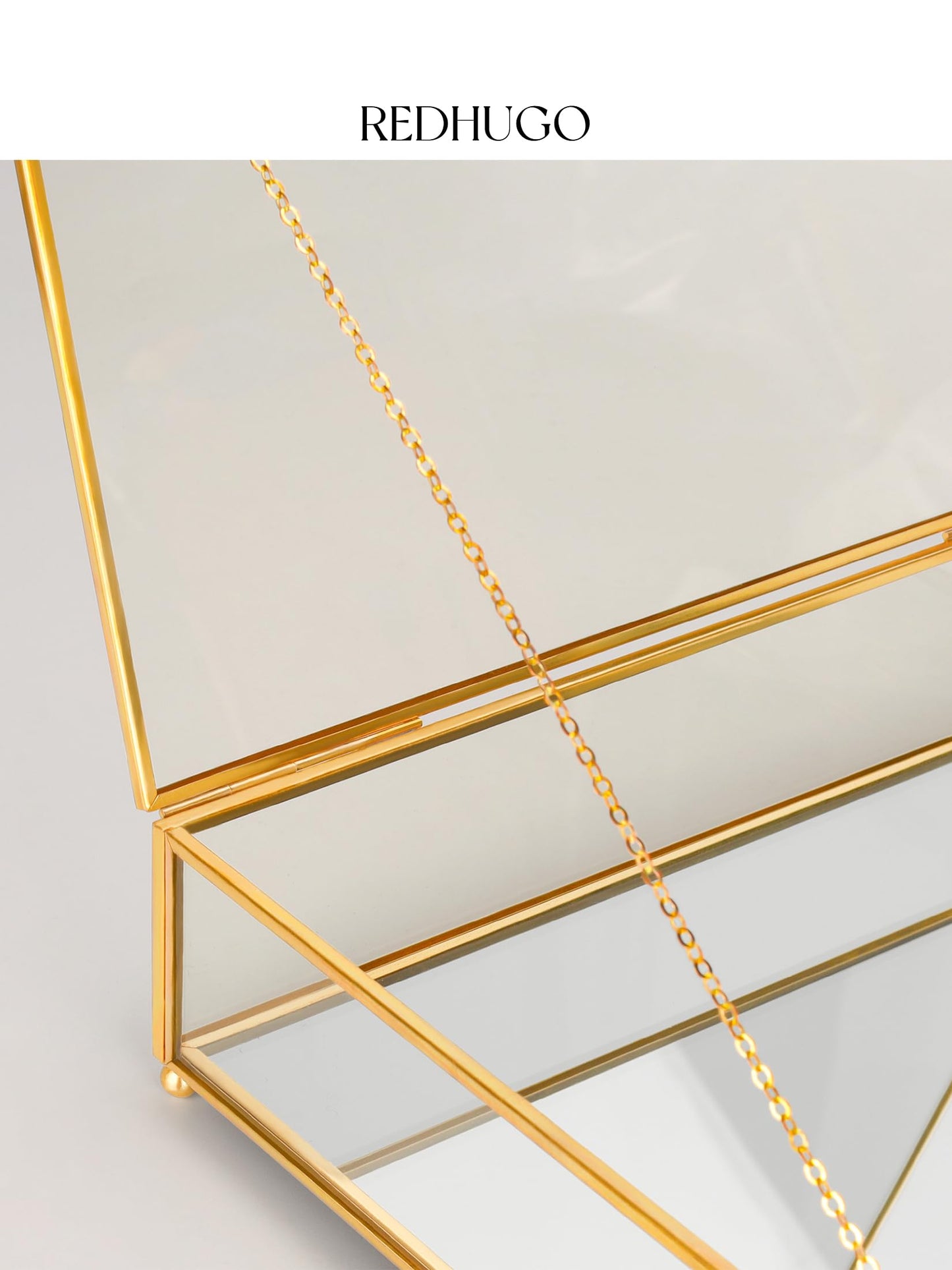 REDHUGO Large Glass Boxes for Display Handmade, Mirrored Bottom, Glass Jewelry Trinket Box with Lid, for Book, Photo, Keepsake Organizer, Display Case for Vanity Decor Home Dresser, Gold