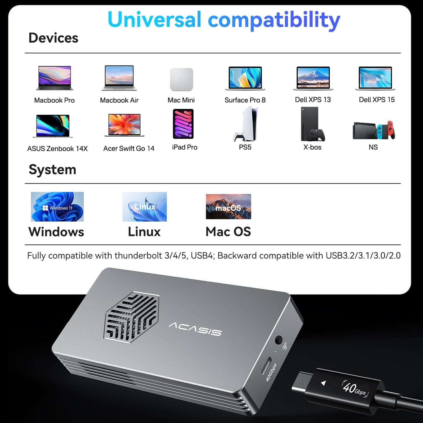 ACASIS 40Gbps M.2 NVMe SSD Enclosure with Cooling Fan,Tool Free Installation,NVMe Enclosure for M1/M2 Pro/Max, Compatible with Thunderbolt3/4/5,USB4/3.2/3.1/3.0/2,Support 2280/2260/2242/2230 B+M M-Key