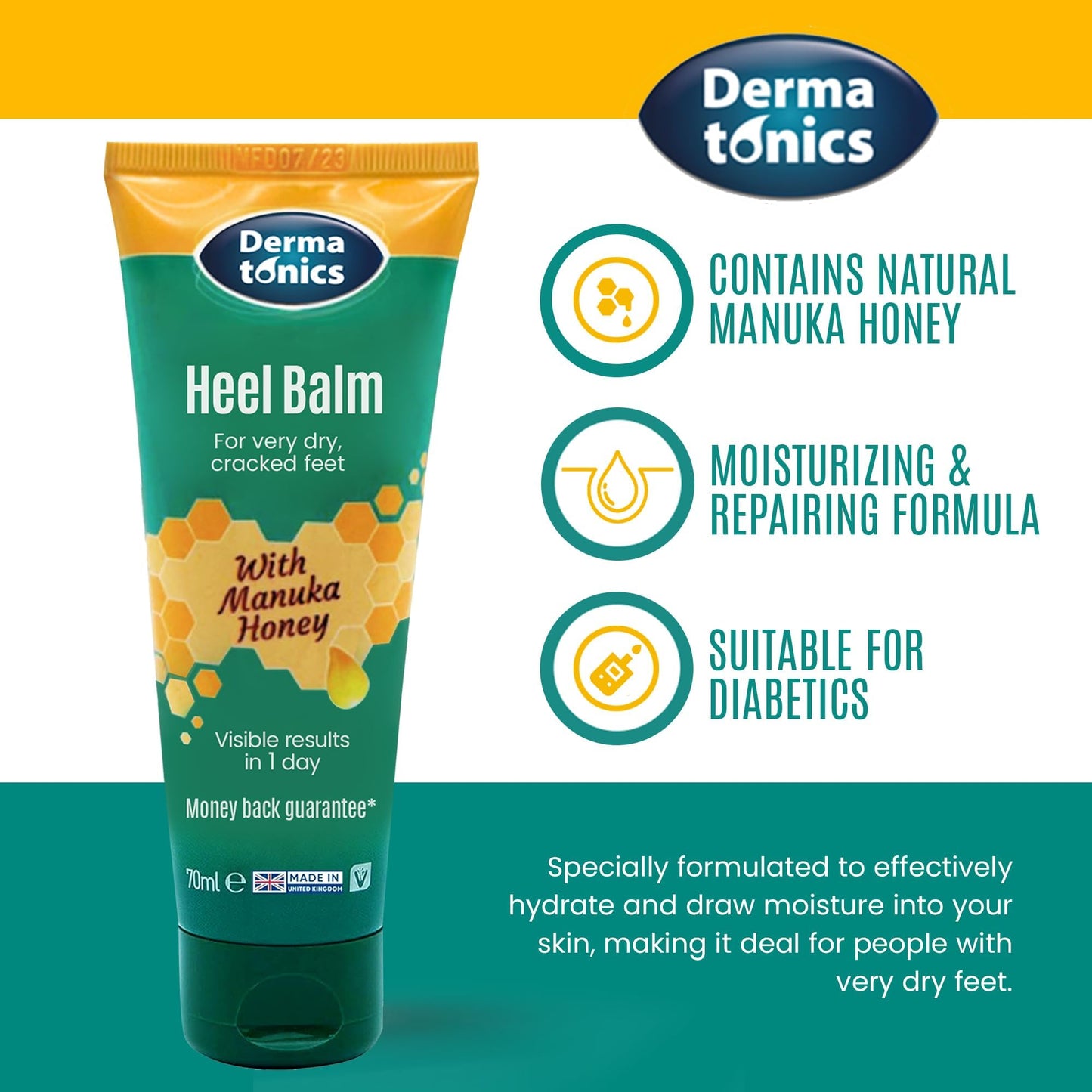 Dermatonics Manuka Honey Heel and Elbow Moisturizing & Exfoliating Cream for Dry and Cracked Heels | Dry Feet Treatment & Cracked Heel Repair for Rough, Dry and Cracked Feet, 2.37 fl oz Tube, 3 Pack