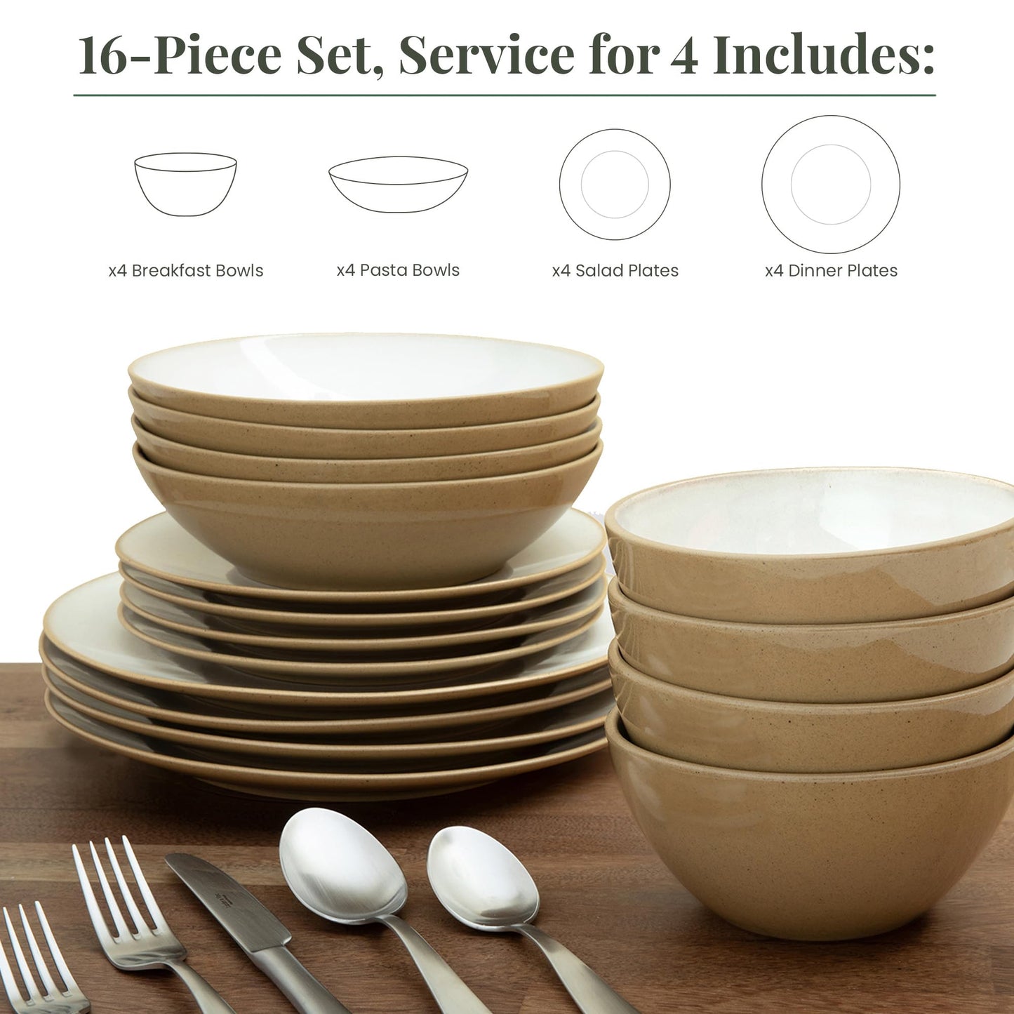 Larder & Vine Ceramic Stoneware Dinnerware 16-Piece Set, 4 Place Settings (Sand)