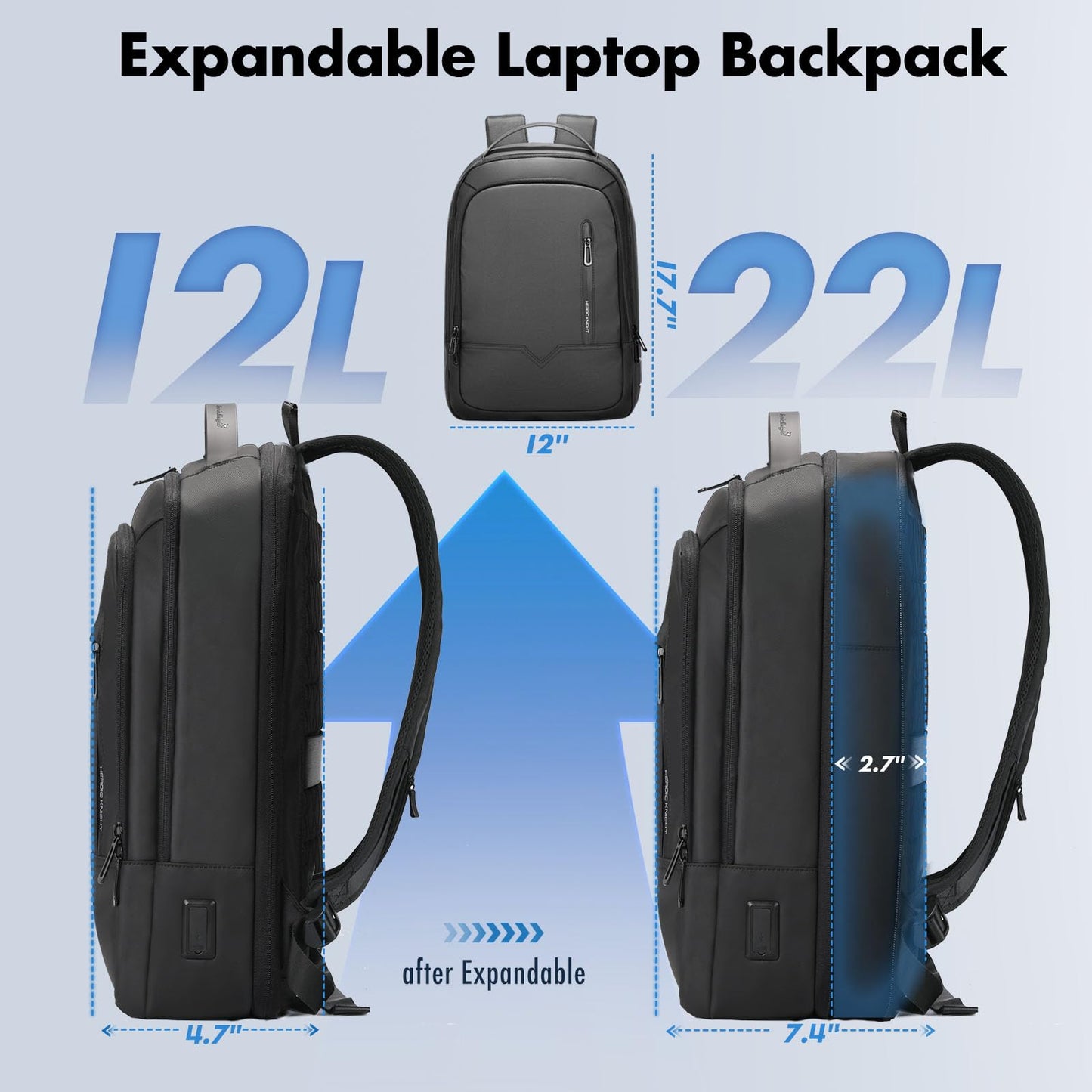 hk Slim Expandable Laptop Backpack for Men, 15.6 Inch Business Work Backpack with USB Charging Port, Water-Resistant Computer Backpack for Office Travel Daily Commute, Black