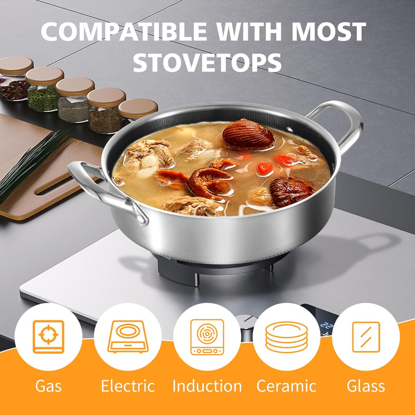 Toutrop Stainless Steel 7QT Saute Pan 14 Inch Deep Frying Pan with Lid Nonstick,Hybird Induction Cooking Pan,PFOA Free Cookware,Large Skillets
