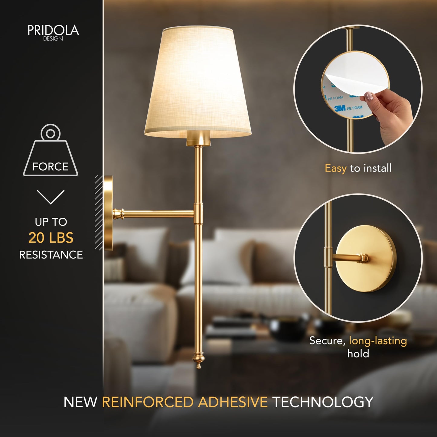 PRIDOLA Set of 2 Wireless Wall Sconces Peel & Stick with Adhesives for Easy Installation with Rechargeable LED Bulbs, Remote Controlled, Adjustable Brightness & Warmth, Living Room Wall Decor (Gold)