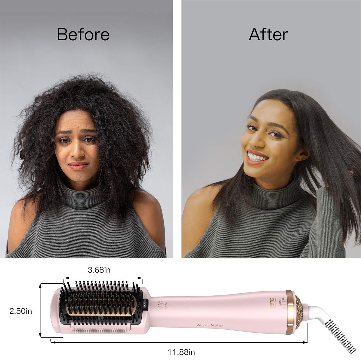 LENA Hair Straightener Brush Dryer PRO Blow Dryer Hot Air Brush - Anti-Scald Straightening Iron Comb Styler with Extra Ion Care, Far Infrared Heating and 3 Modes for Long & Medium Length Hair, Pink
