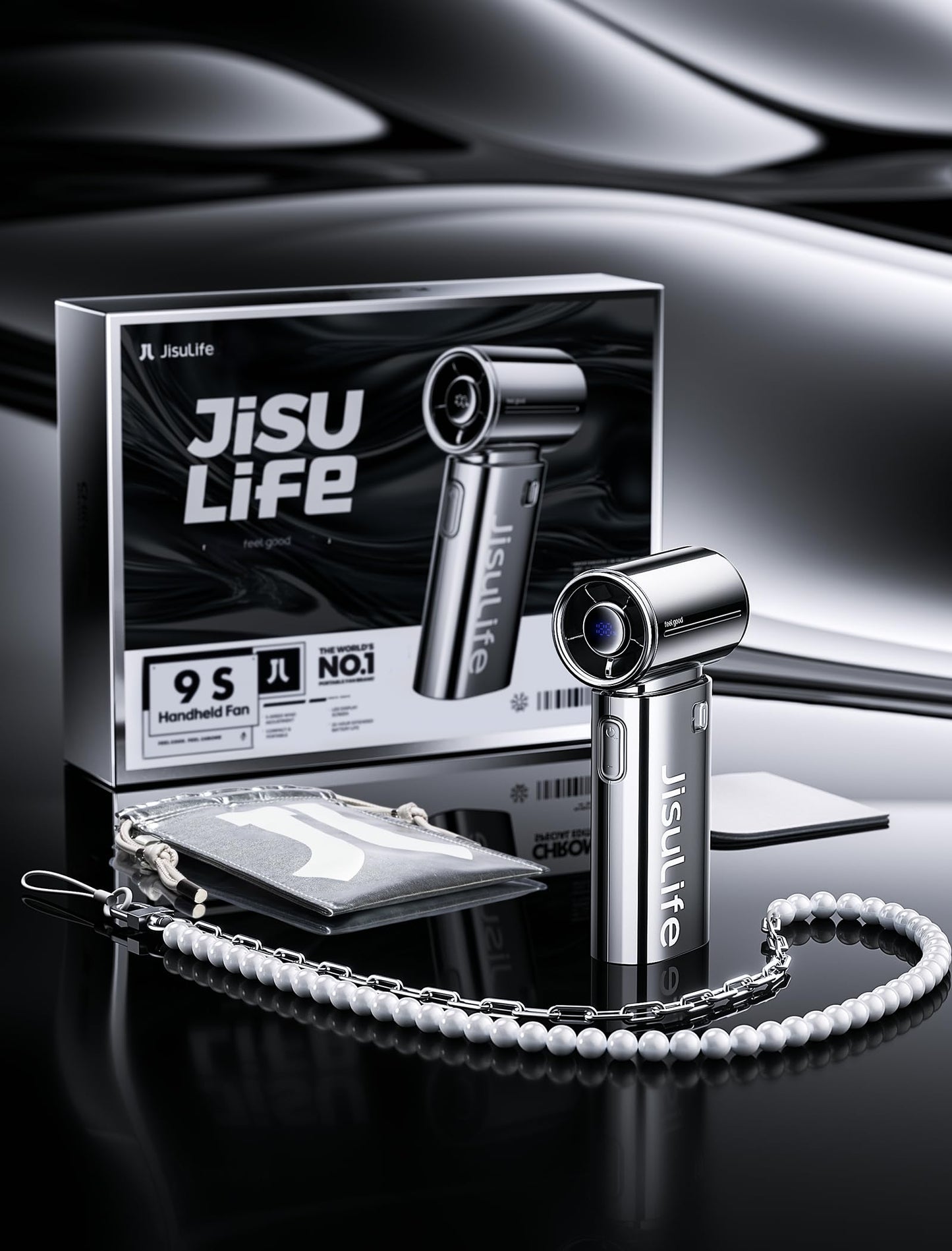 JISULIFE Portable Handheld Fan, Turbo Power High Speed Air [22H Max Cooling Time], 5 Gear Wind, 5000mAh Rechargeable, Mini Pocket Design, Personal Fan for Travel Concerts Camping Makeup - Chrome