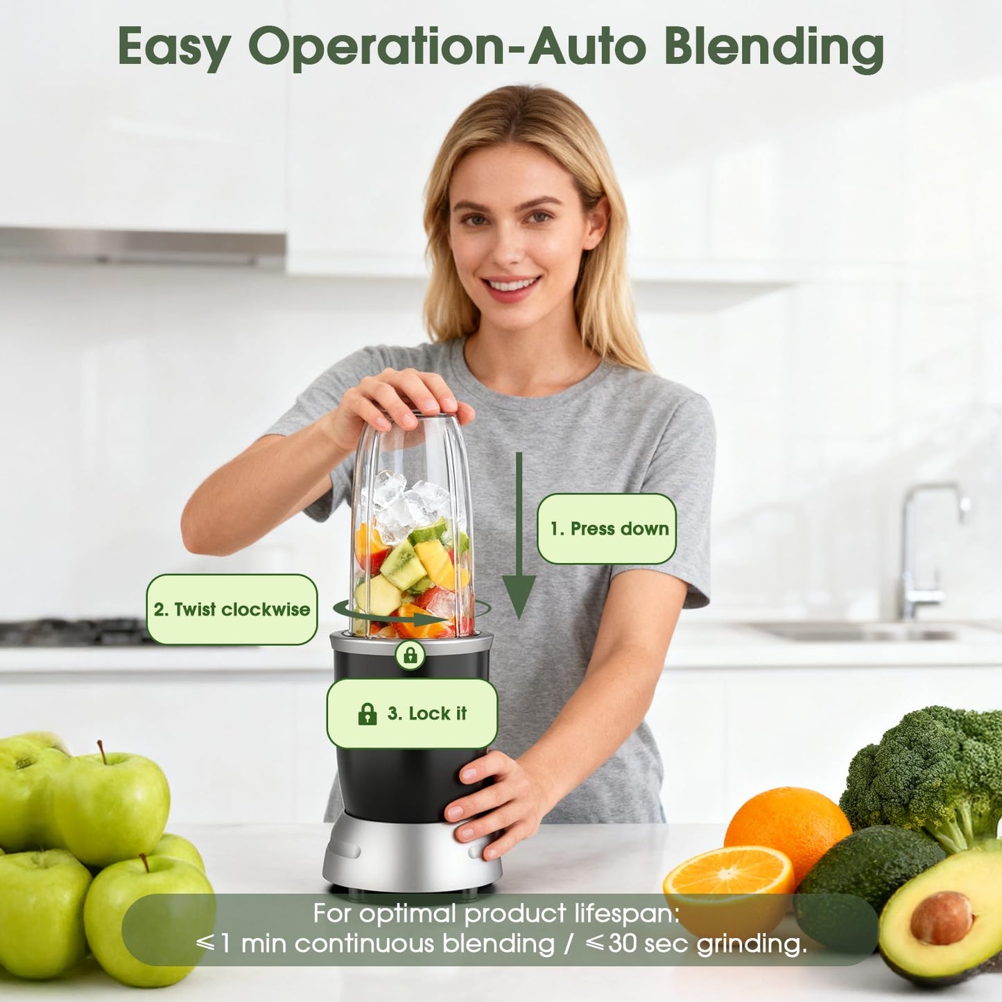 Smoothie Blender, 25000 RPM Portable Blender for Smoothies, Countertop Blenders for Kitchen with 37oz, 32oz, 23oz Personal Blenders Cups, 1 Spout Lids &1 Resealable Lid for Crushing, Juice, Nuts