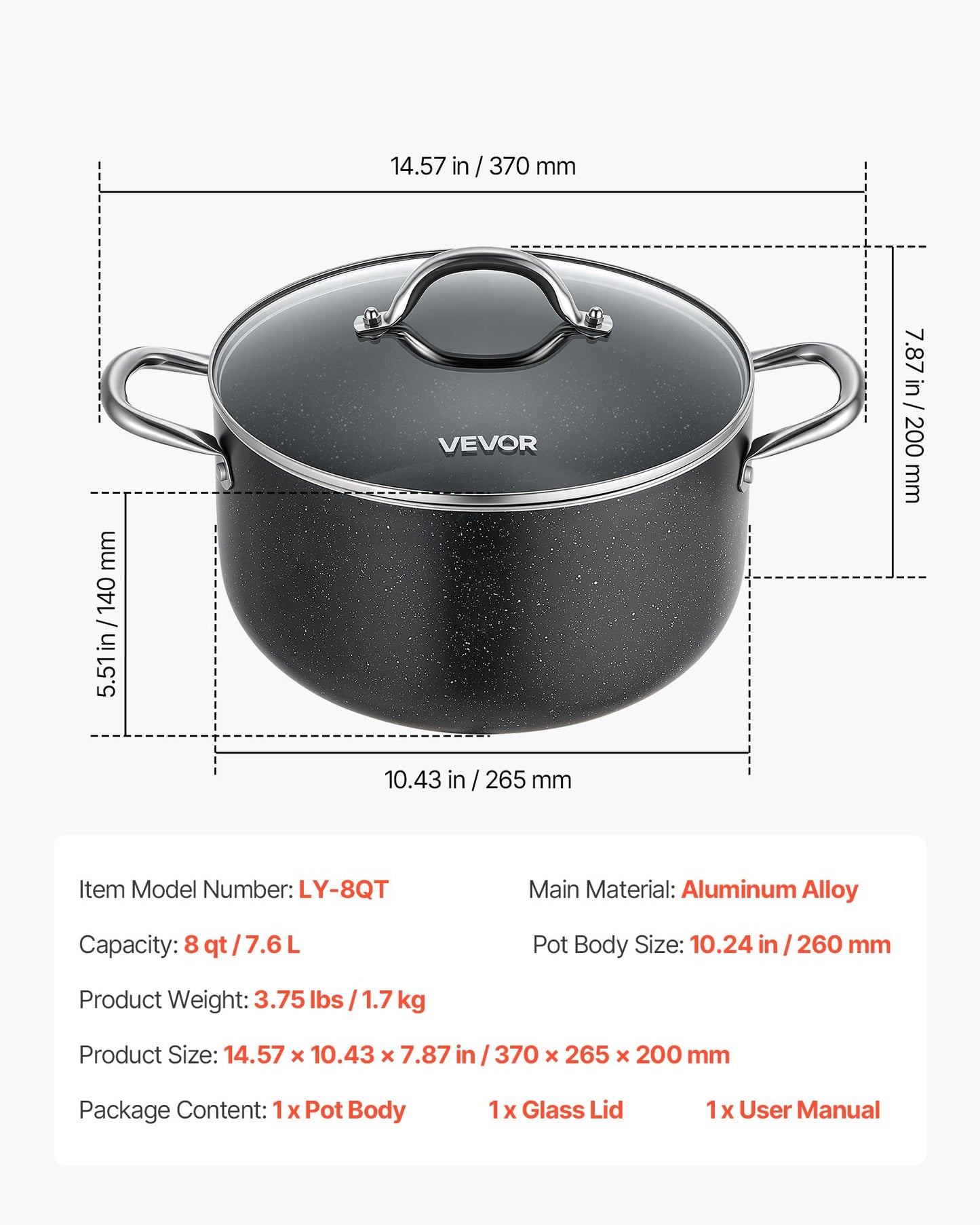 VEVOR Aluminum Stock Pot, 8-Quart Nonstick Ceramic Coated Pot with Glass Lid, PFOA-Free, PFAS-Free, Compatible with Gas Stoves, Induction Cooktops, Electric Stoves, for Soups, Stews, and Pasta