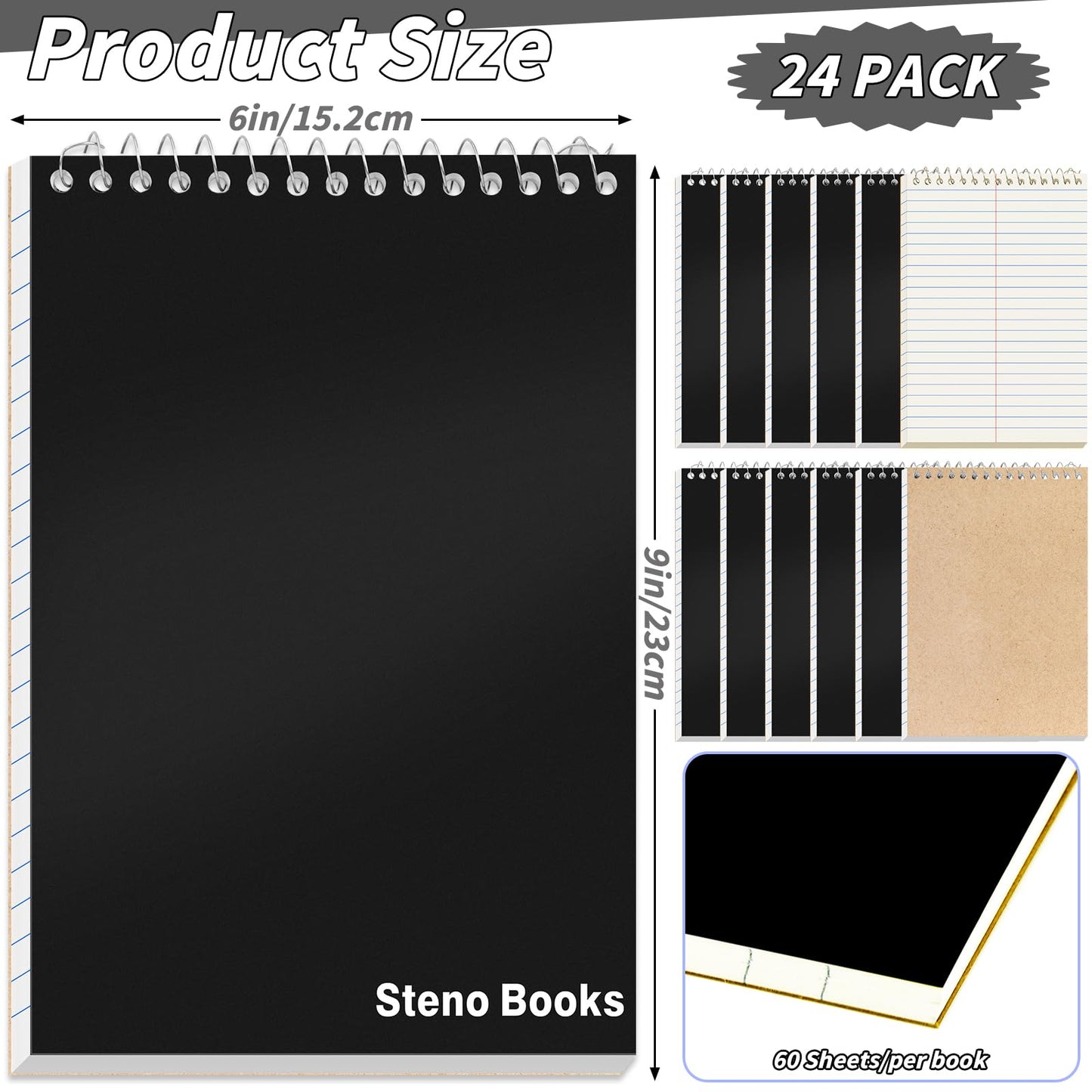 UZLU 24 Pcs Steno Pads 6 x 9 in Top Spiral Notebook Bulk Pack Note Pad 1440 Total Sheets Gregg Rule Steno Notebooks for School Office Home Students Teachers Organized Daily Notes Planners