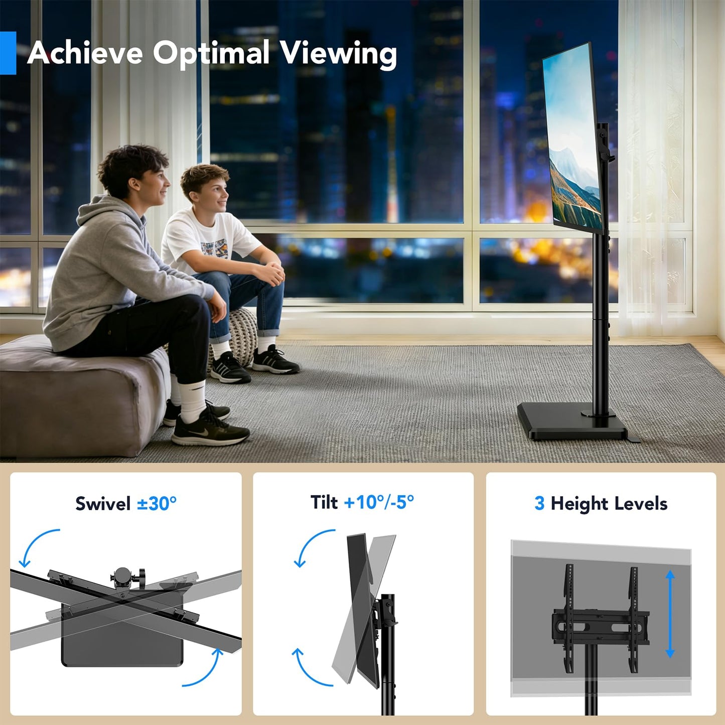 AX WABER Floor TV Stand with Mount for 26-55 inch TVs up to 77 lbs, Height Adjustable Swivel Tilt TV Stand with Wood Base, Saving Space Design for Bedroom, Living Room and Corner, Black
