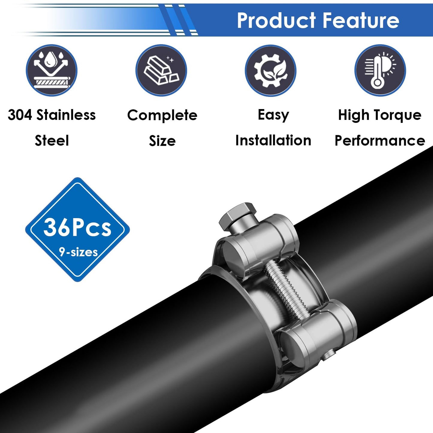 smseace 36Pcs 17-47mm T-bolt Hose Clamps 304 Stainless Steel 9-sizes Heavy Duty T bolt Hose Clamps with M8 and M10 Socket Wrenches
