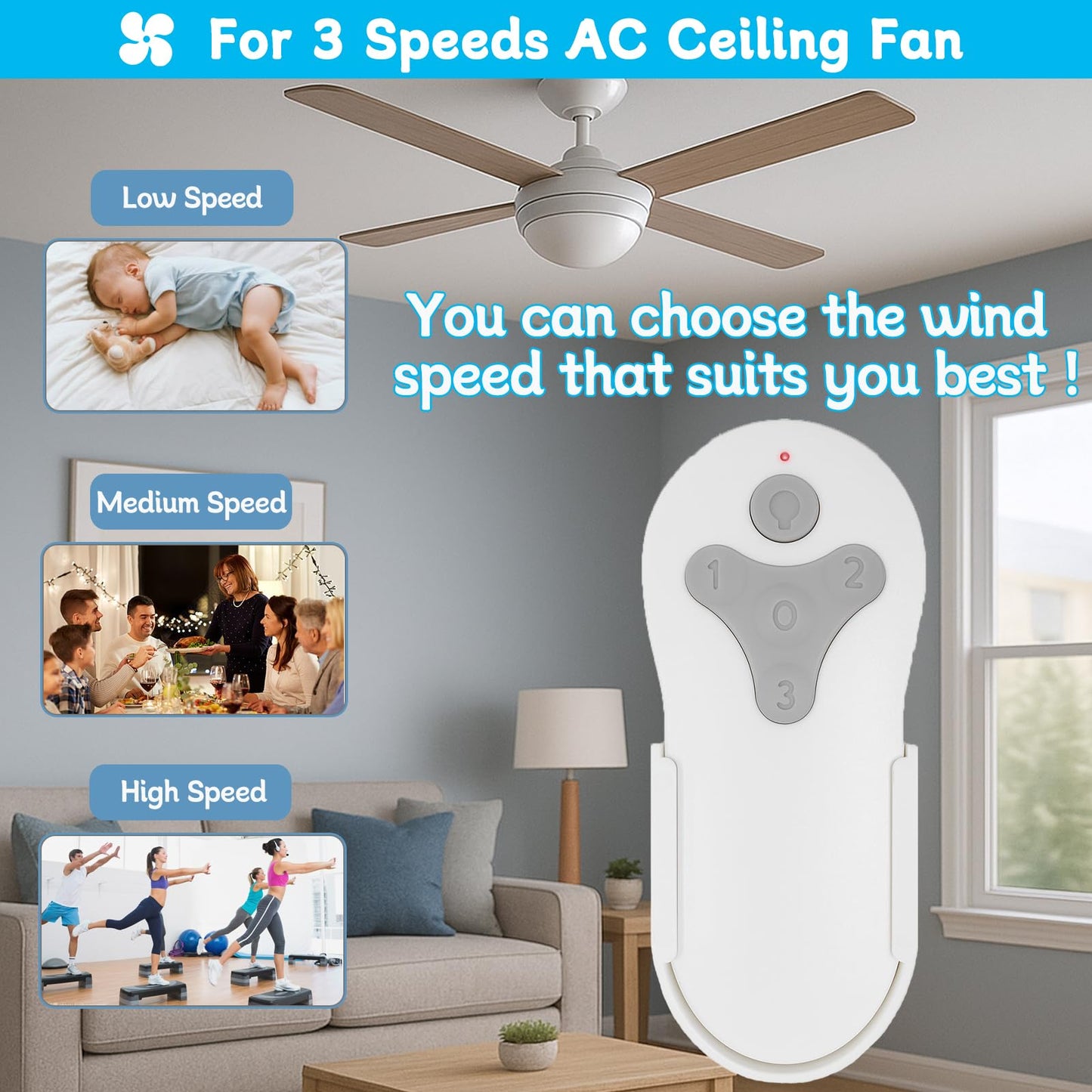 Ceiling Fan Remote Control Replacement for Harbor Breeze, Replace for A25-FA0138, KUJCE10311, TR214B, KUJCE10712, TR214A, KUJCE10610, Light Dimmer with 3 Speeds, 304.25MHz (Remote Only)