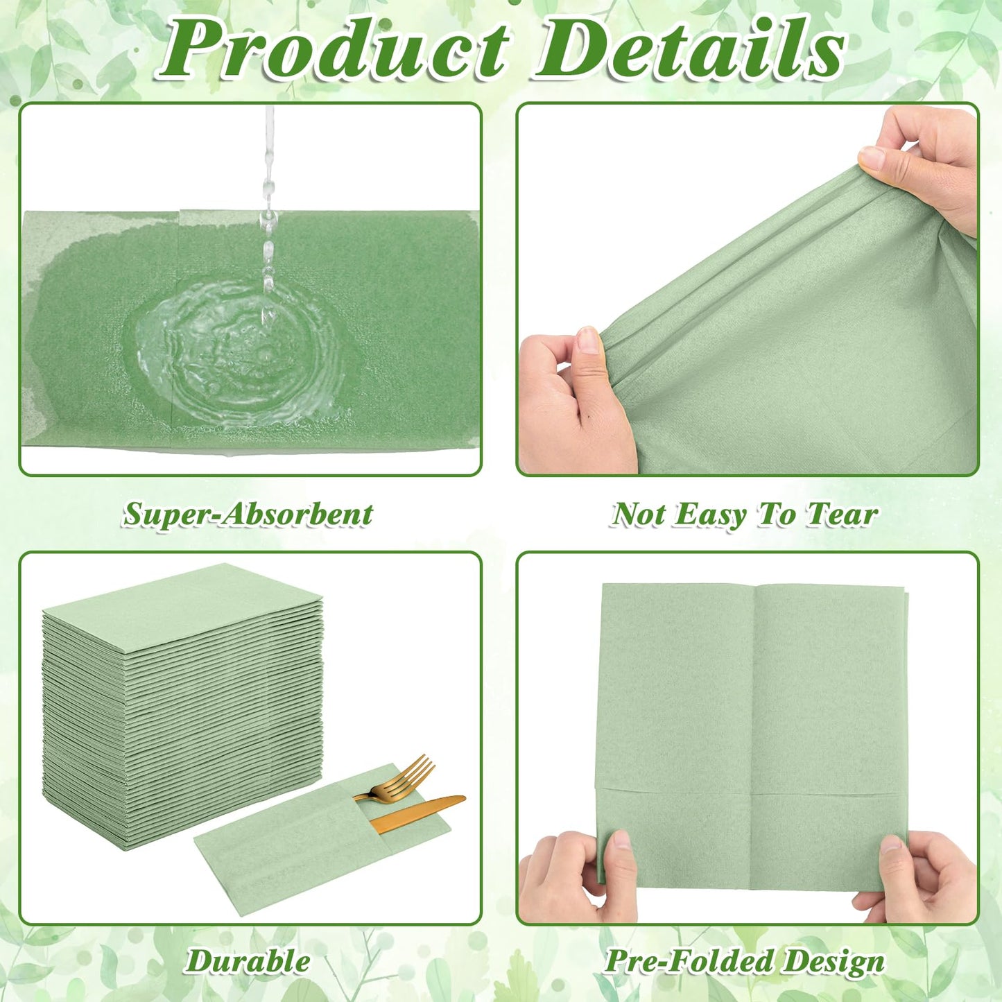 120 Pcs Sage Green Linen-Feel Paper Napkins with Built-in Flatware Pocket, Pocket Linen Napkins Prefolded Cloth Like Paper Napkins Bulk for Silverware Easter Wedding Baby Shower Birthday Bridal Party