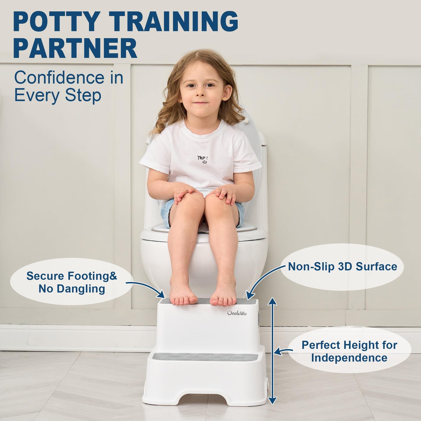 2-Pack Step Stool for Kids – Non-Slip Toddler Step Stool for Bathroom Sink & Potty Training – Heavy Duty 200 lbs, Includes Faucet Extender & Duck Bath Toys (Gray White)