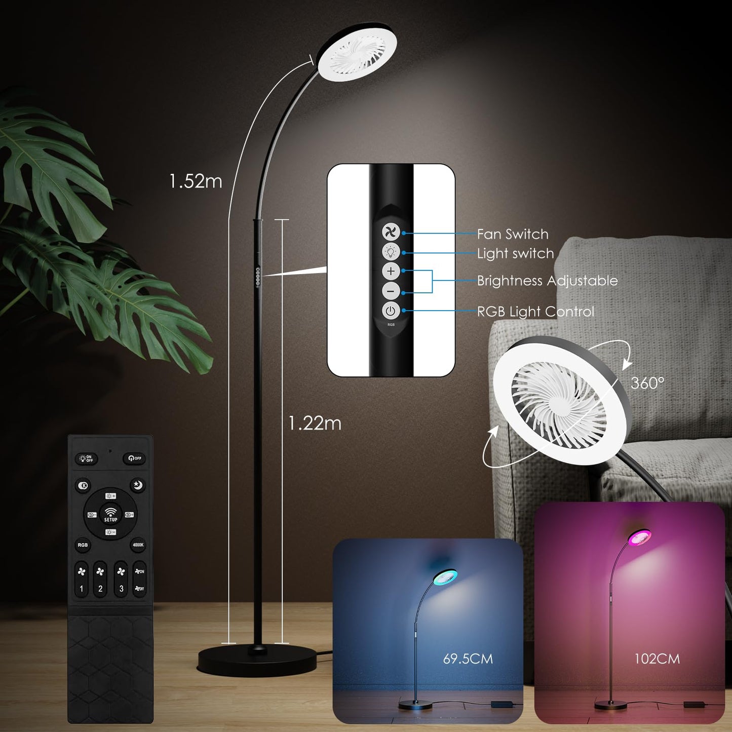 IDOGLOME Floor Fan with RGB Lights Lamp 18w 1200Lm LED Light Fixture with Standing Fan and Remote（Black）