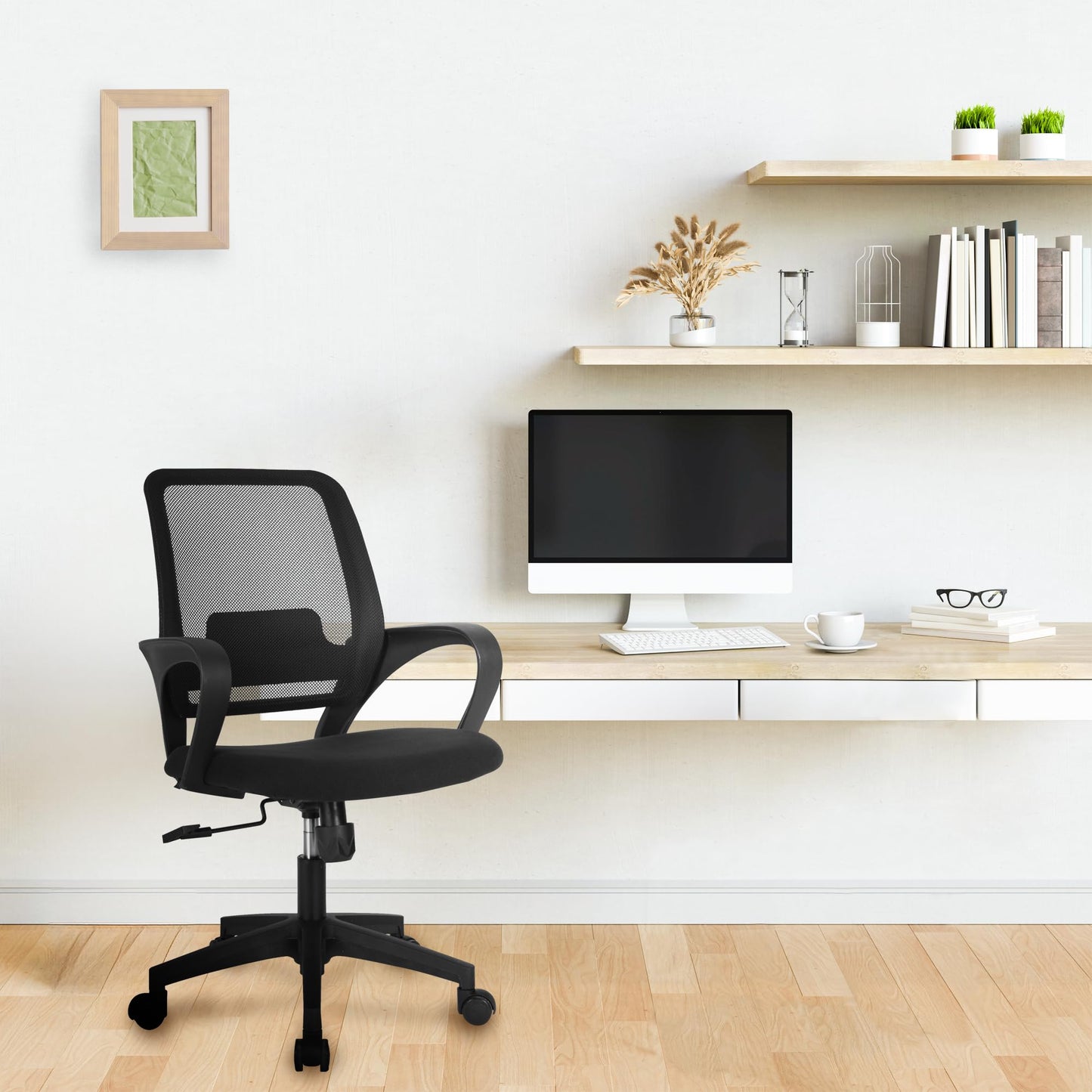 NEO CHAIR Office Desk Ergonomic Computer Mesh Chair with Lumbar Mid Back Support Adjustable Height Swivel Rolling Wheels Comfy Task Vanity Chair for Home Bedroom Study (Black)
