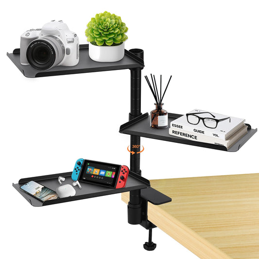 FBOAZI 3 Tier Clamp On Desk Shelf,360° Rotatable Adjustable Above or Under Desktop Organizer,Carbon Steel Storage Tray for Home Office and Gaming Accessories（Black）