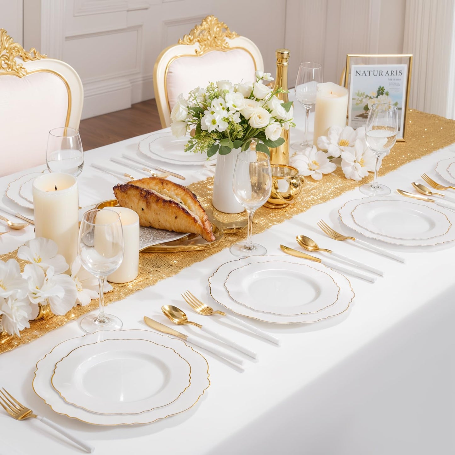 WDF 60pcs White and Gold Plastic Plates - Baroque White With Gold of 30 Heavy Duty Gold dinner plates 10.25inch, 30 Salad Plates 7.5inch
